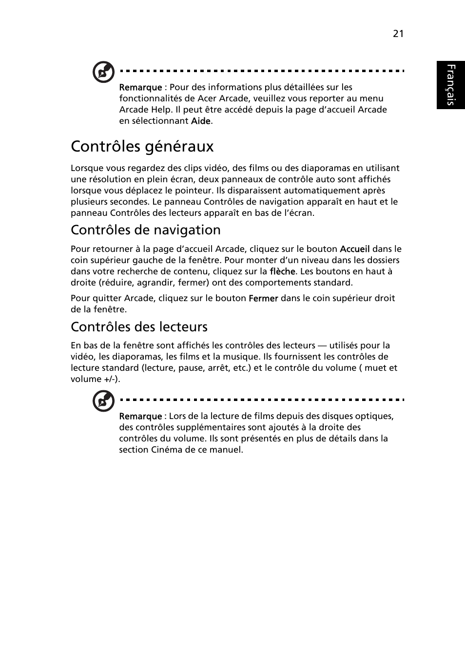 Contrôles généraux, Contrôles de navigation, Contrôles des lecteurs | Français | Acer Aspire 5741ZG User Manual | Page 119 / 2345