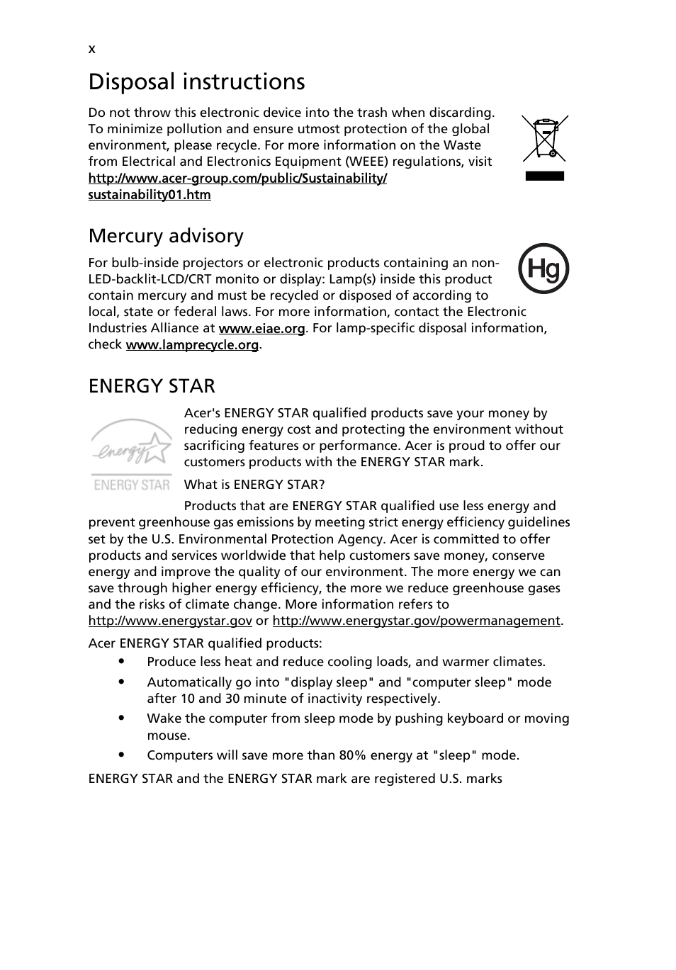 Disposal instructions, Mercury advisory, Energy star | Acer Aspire 5741ZG User Manual | Page 12 / 2345
