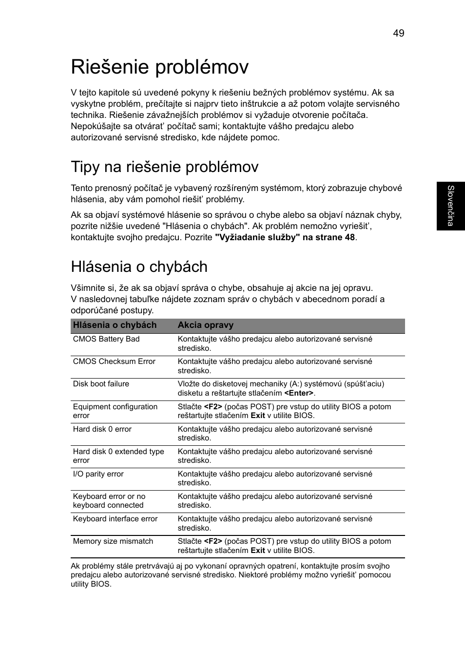 Riešenie problémov, Tipy na riešenie problémov, Hlásenia o chybách | Eng lish | Acer Aspire 5741ZG User Manual | Page 1217 / 2345