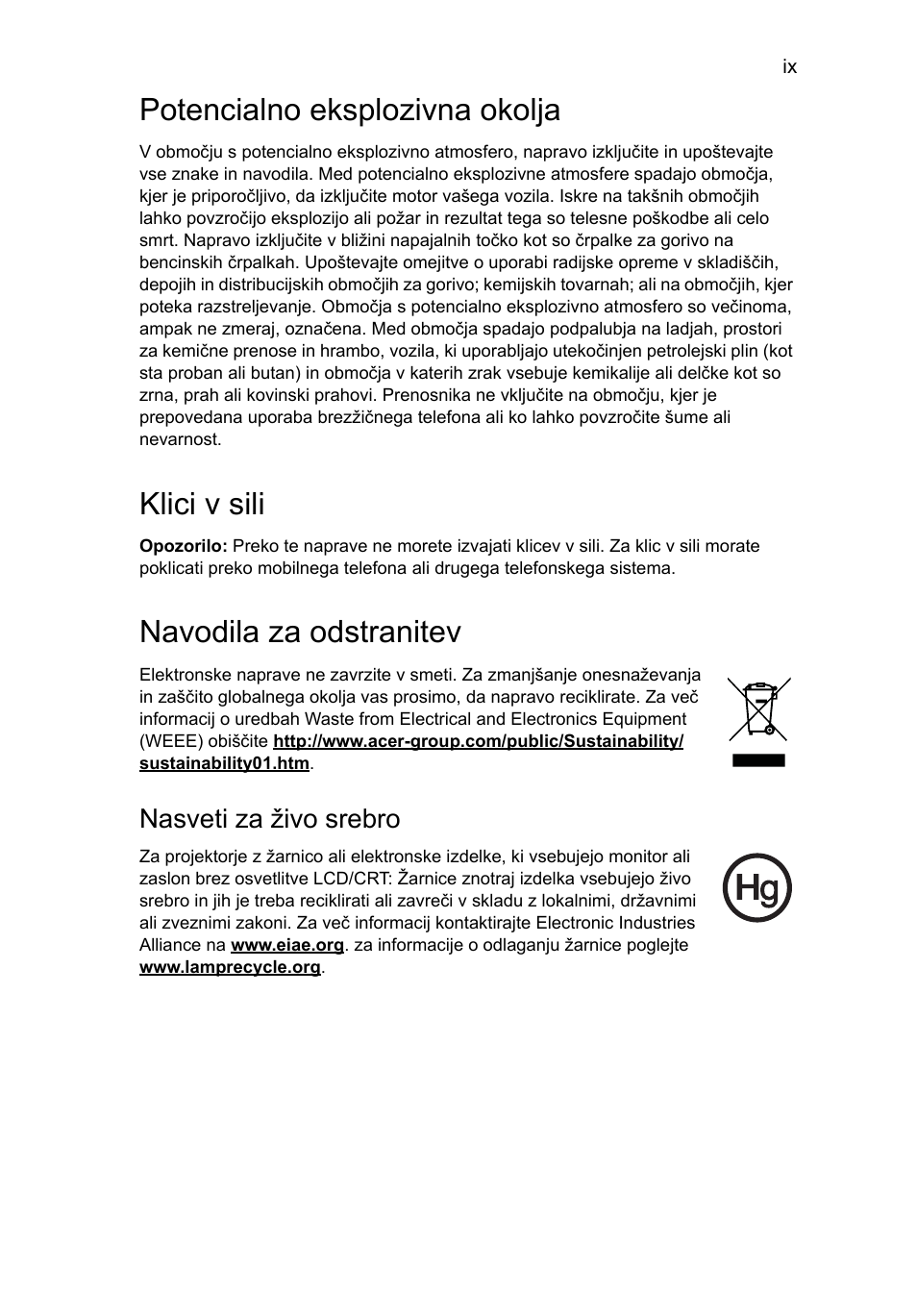 Potencialno eksplozivna okolja, Klici v sili, Navodila za odstranitev | Nasveti za živo srebro | Acer Aspire 5741ZG User Manual | Page 1231 / 2345