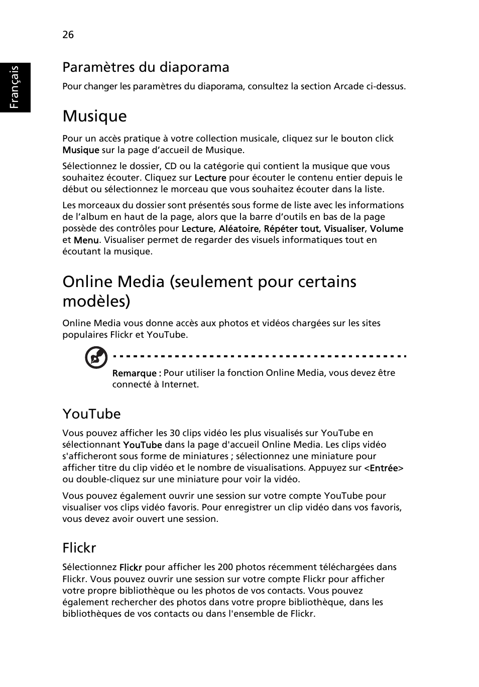 Musique, Online media (seulement pour certains modèles), Paramètres du diaporama | Youtube, Flickr | Acer Aspire 5741ZG User Manual | Page 124 / 2345