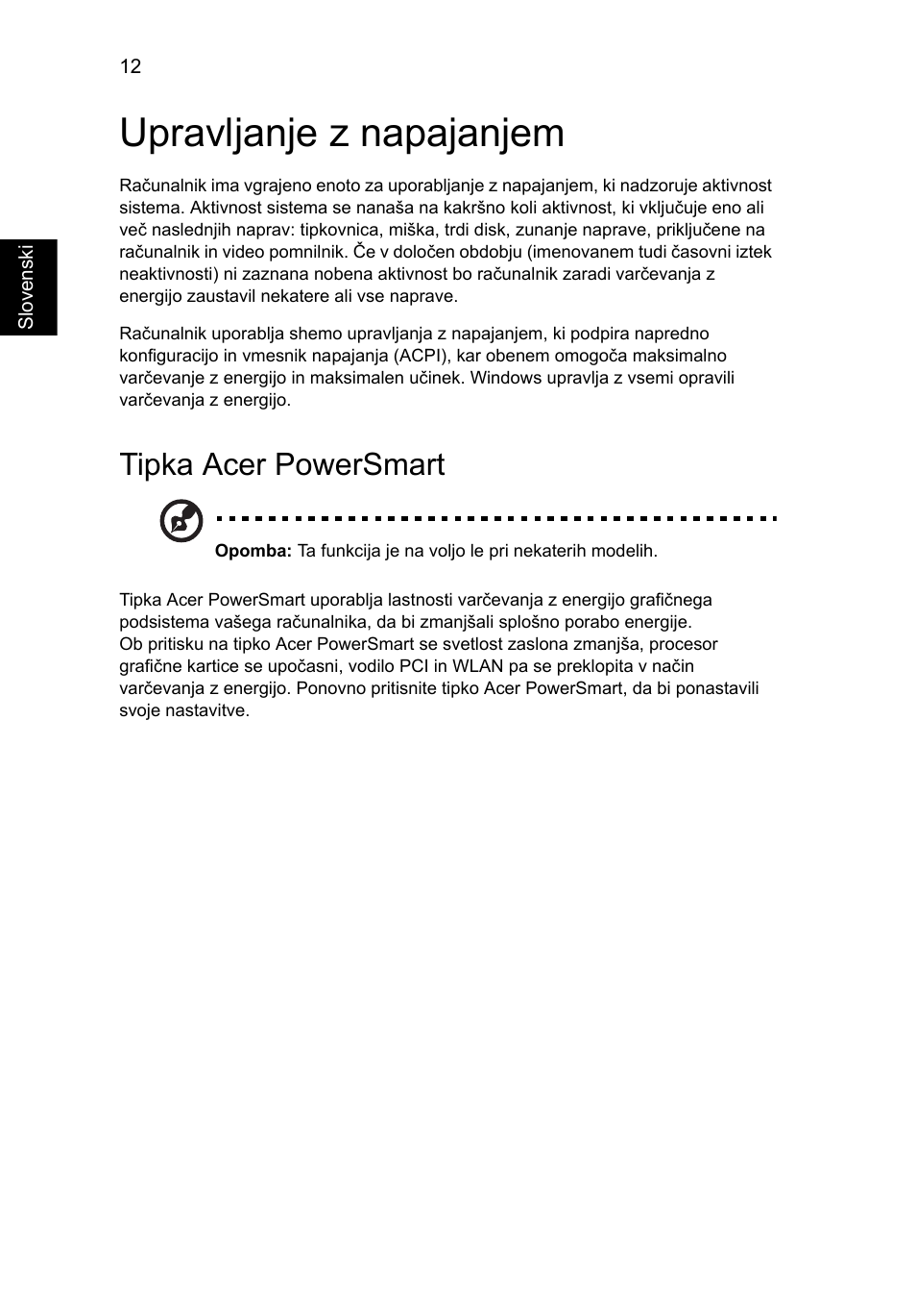 Upravljanje z napajanjem, Tipka acer powersmart | Acer Aspire 5741ZG User Manual | Page 1254 / 2345