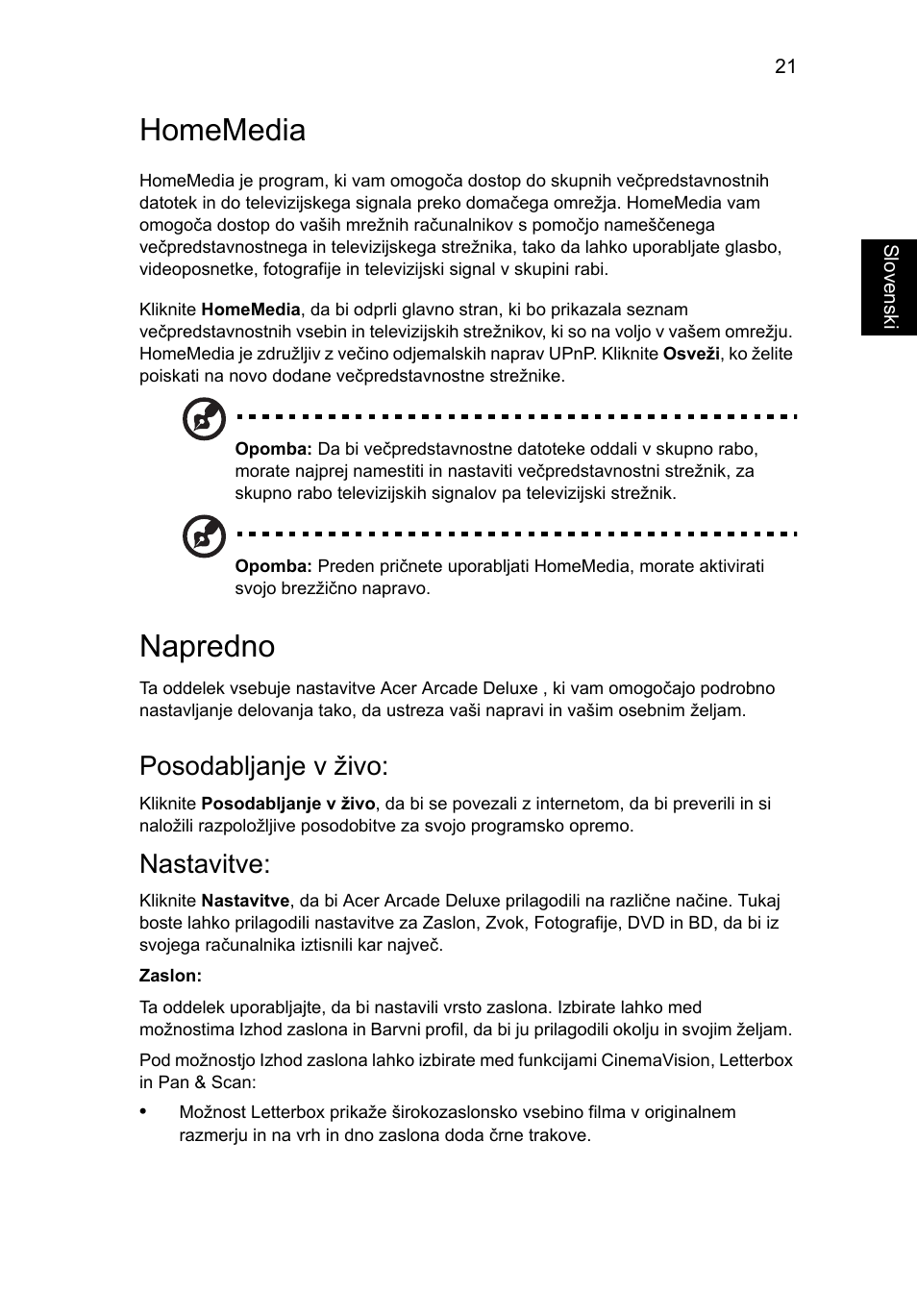 Homemedia, Napredno, Posodabljanje v živo | Nastavitve | Acer Aspire 5741ZG User Manual | Page 1263 / 2345
