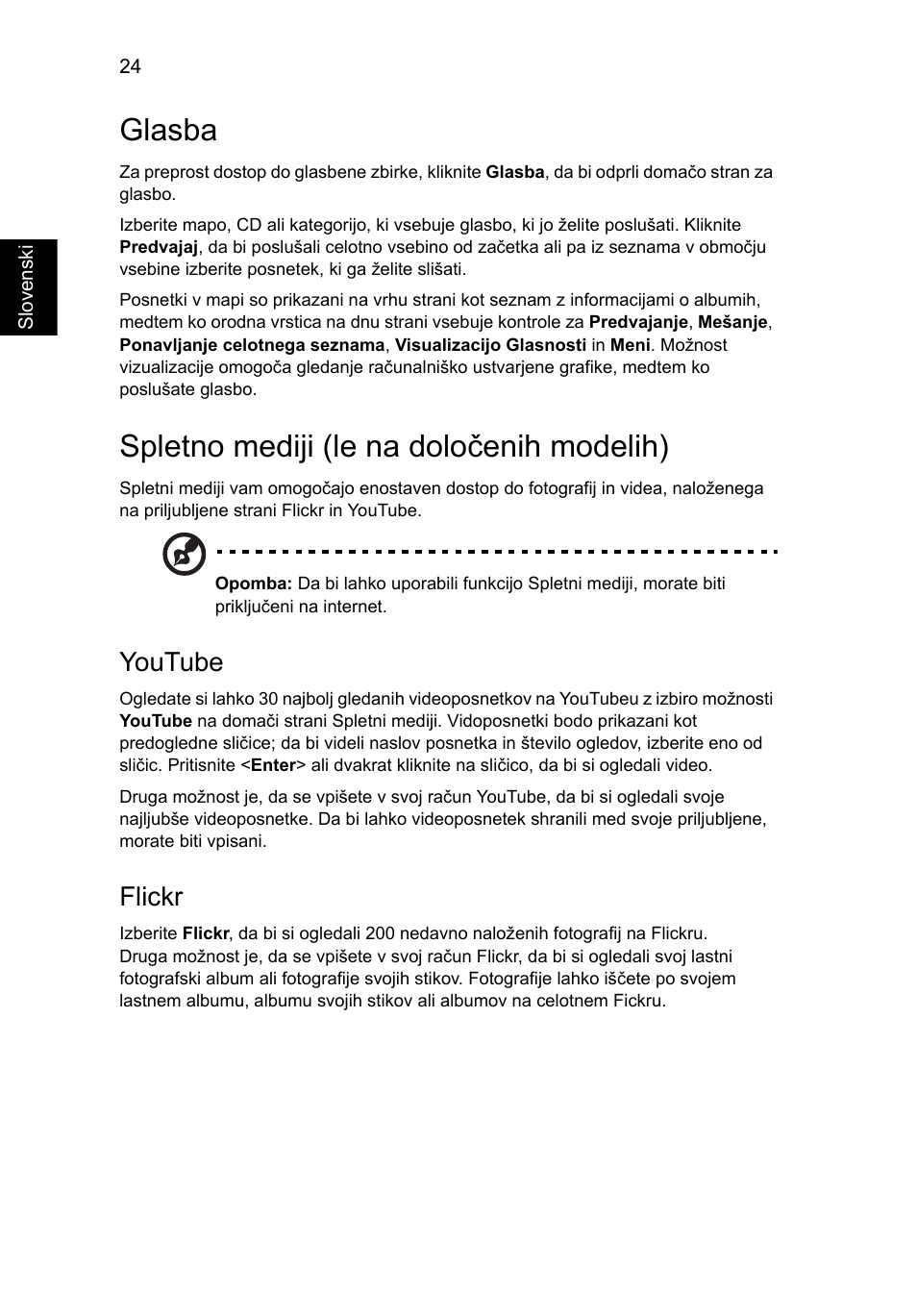 Glasba, Spletno mediji (le na določenih modelih), Youtube | Flickr | Acer Aspire 5741ZG User Manual | Page 1266 / 2345