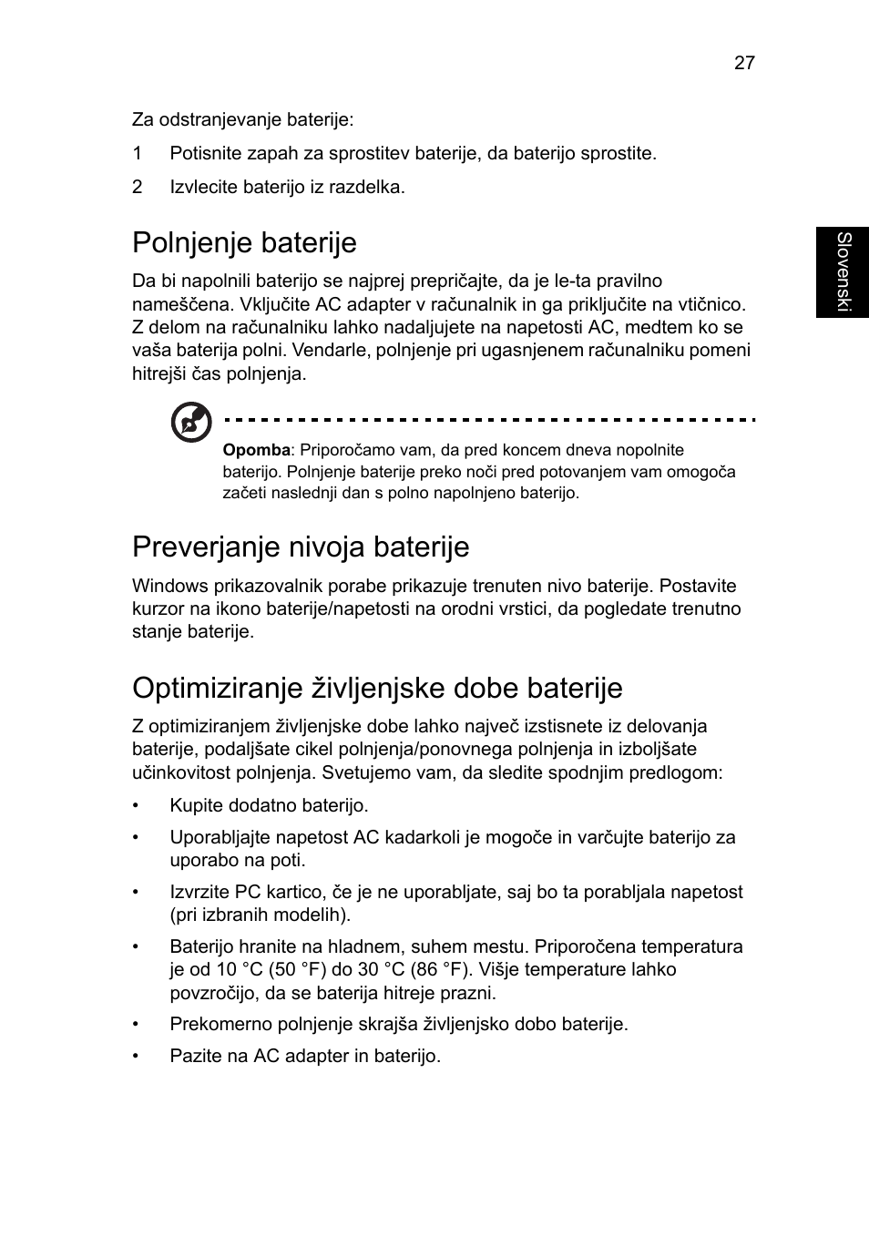 Polnjenje baterije, Preverjanje nivoja baterije, Optimiziranje življenjske dobe baterije | Acer Aspire 5741ZG User Manual | Page 1269 / 2345