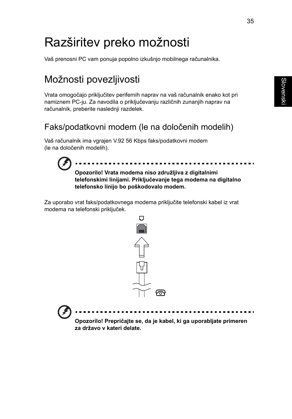 Razširitev preko možnosti, Možnosti povezljivosti, Faks/podatkovni modem (le na določenih modelih) | Acer Aspire 5741ZG User Manual | Page 1277 / 2345