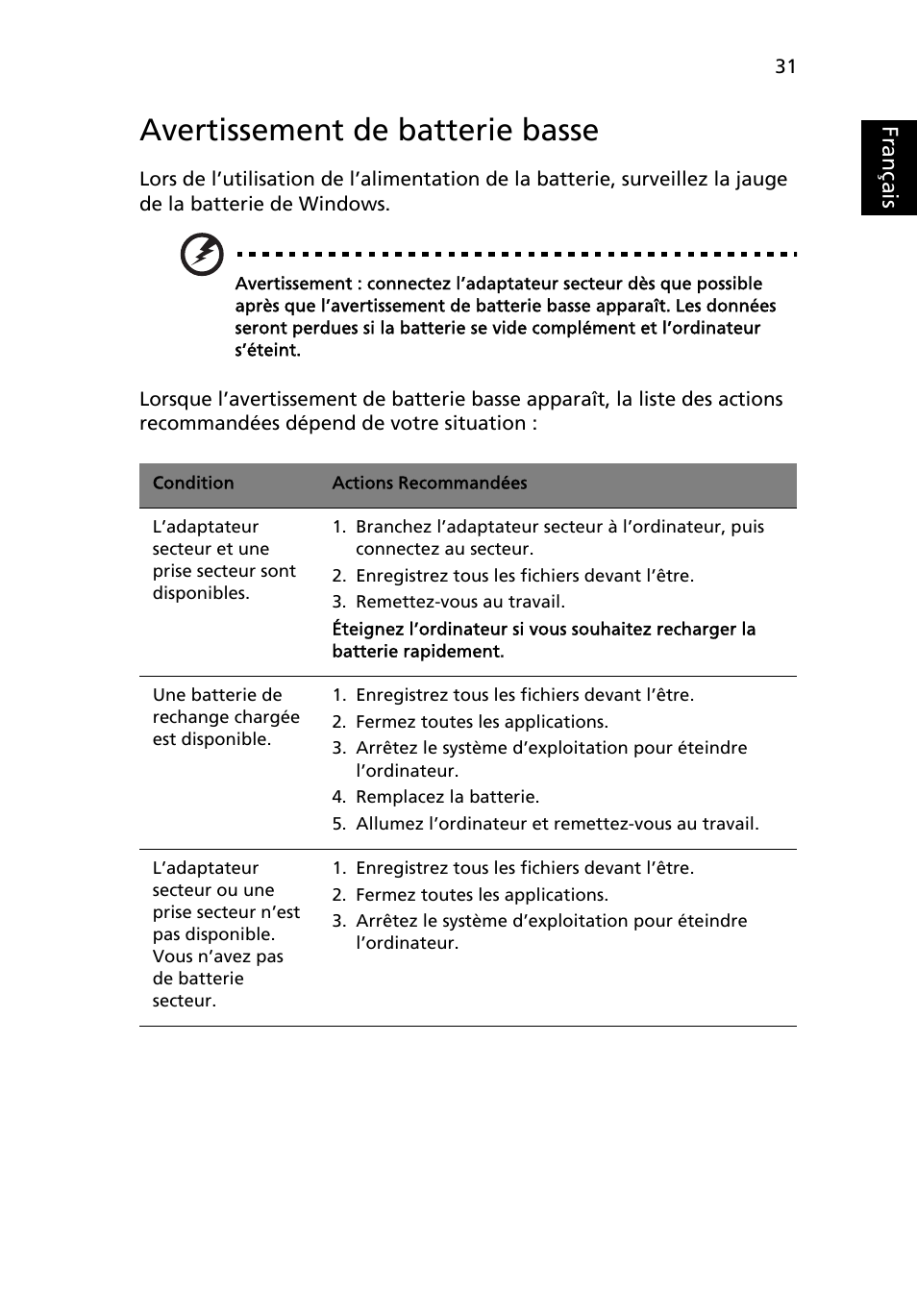 Avertissement de batterie basse, Français | Acer Aspire 5741ZG User Manual | Page 129 / 2345