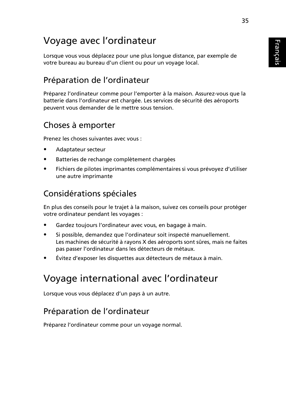 Voyage avec l’ordinateur, Voyage international avec l’ordinateur, Préparation de l’ordinateur | Choses à emporter, Considérations spéciales, Français | Acer Aspire 5741ZG User Manual | Page 133 / 2345