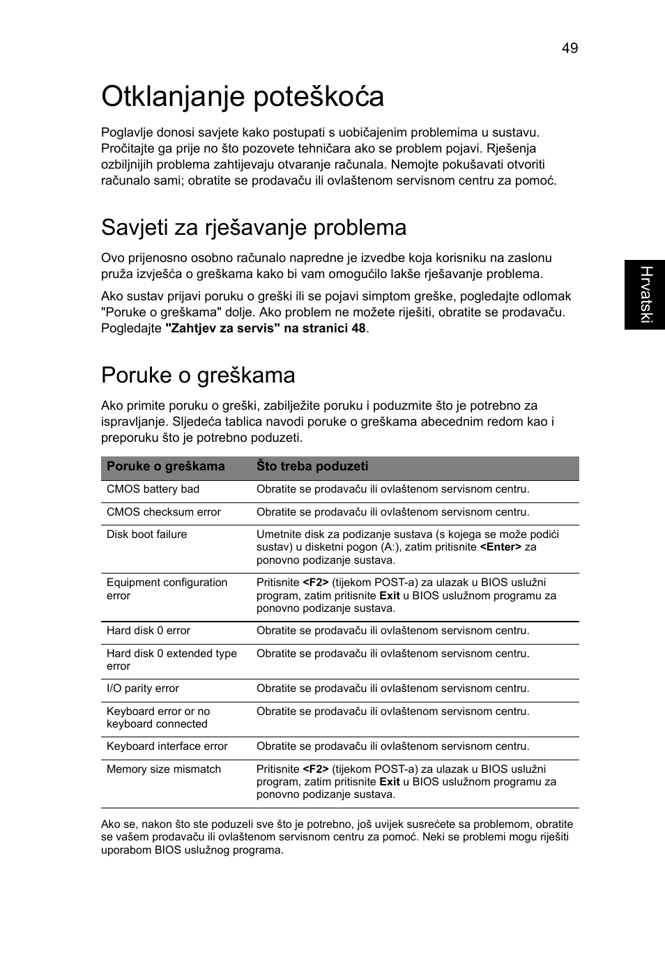 Otklanjanje poteškoća, Savjeti za rješavanje problema, Poruke o greškama | Acer Aspire 5741ZG User Manual | Page 1365 / 2345