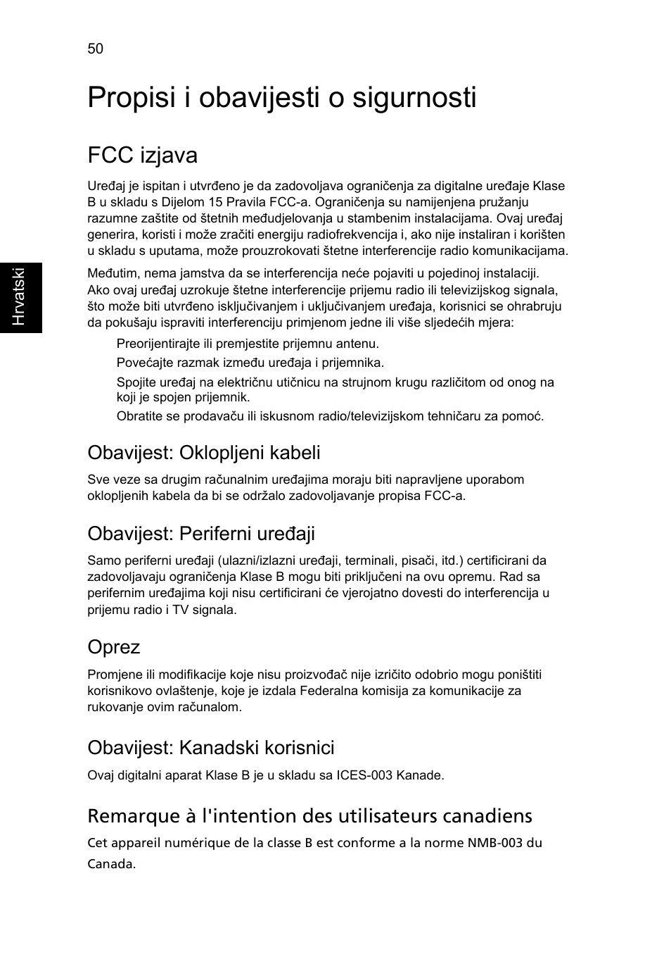 Propisi i obavijesti o sigurnosti, Fcc izjava, Obavijest: oklopljeni kabeli | Obavijest: periferni uređaji, Oprez, Obavijest: kanadski korisnici, Remarque à l'intention des utilisateurs canadiens | Acer Aspire 5741ZG User Manual | Page 1366 / 2345