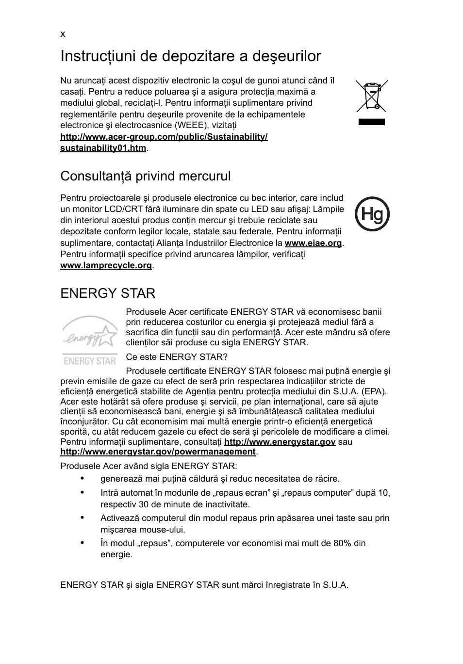 Instrucţiuni de depozitare a deşeurilor, Consultanţă privind mercurul, Energy star | Acer Aspire 5741ZG User Manual | Page 1382 / 2345