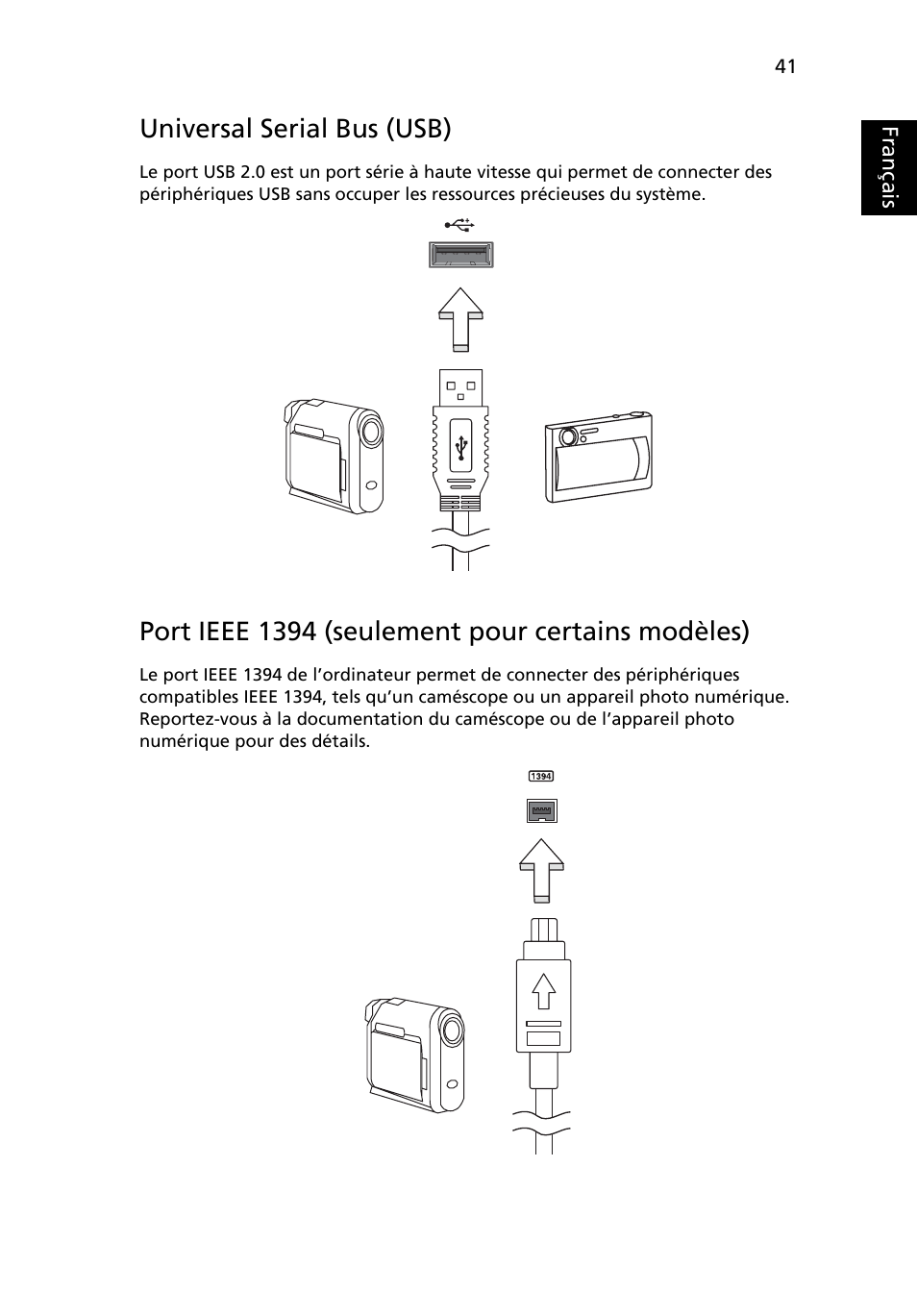 Universal serial bus (usb), Port ieee 1394 (seulement pour certains modèles), Français | Acer Aspire 5741ZG User Manual | Page 139 / 2345