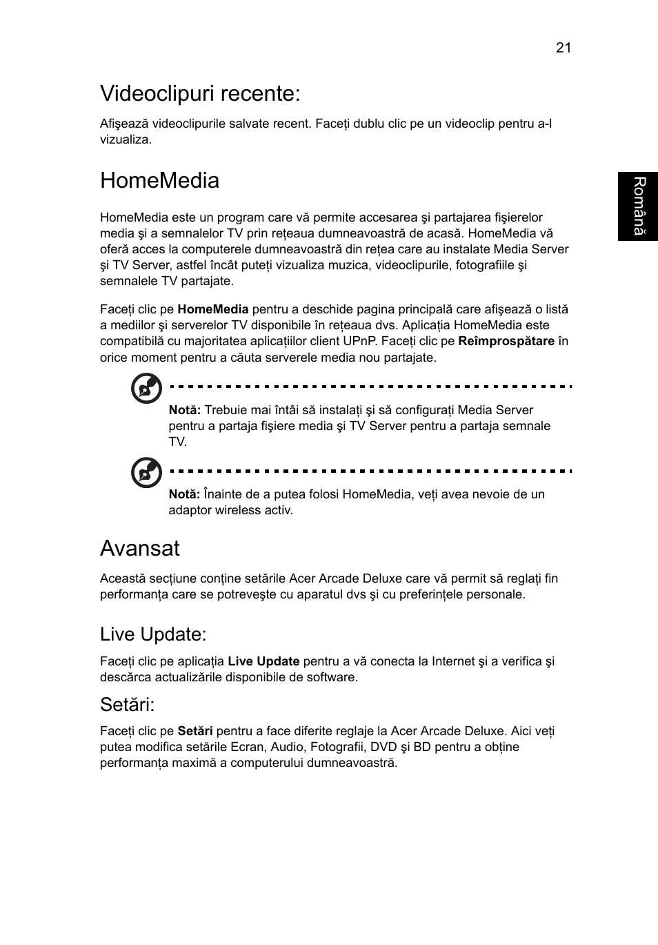 Videoclipuri recente, Homemedia, Avansat | Live update, Setări | Acer Aspire 5741ZG User Manual | Page 1413 / 2345