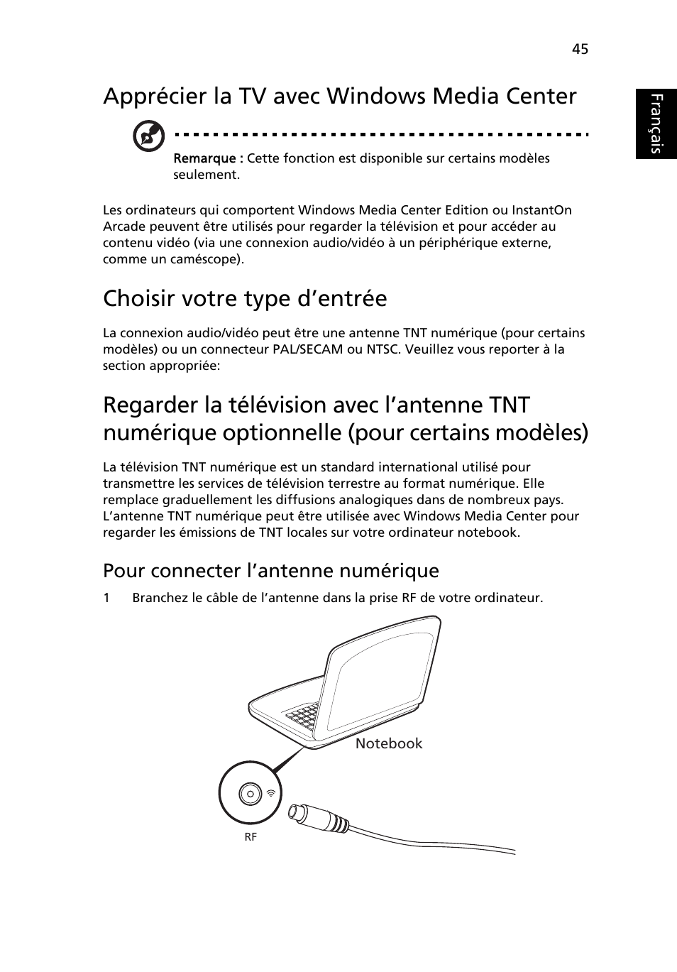 Apprécier la tv avec windows media center, Choisir votre type d’entrée, Pour connecter l’antenne numérique | Français | Acer Aspire 5741ZG User Manual | Page 143 / 2345