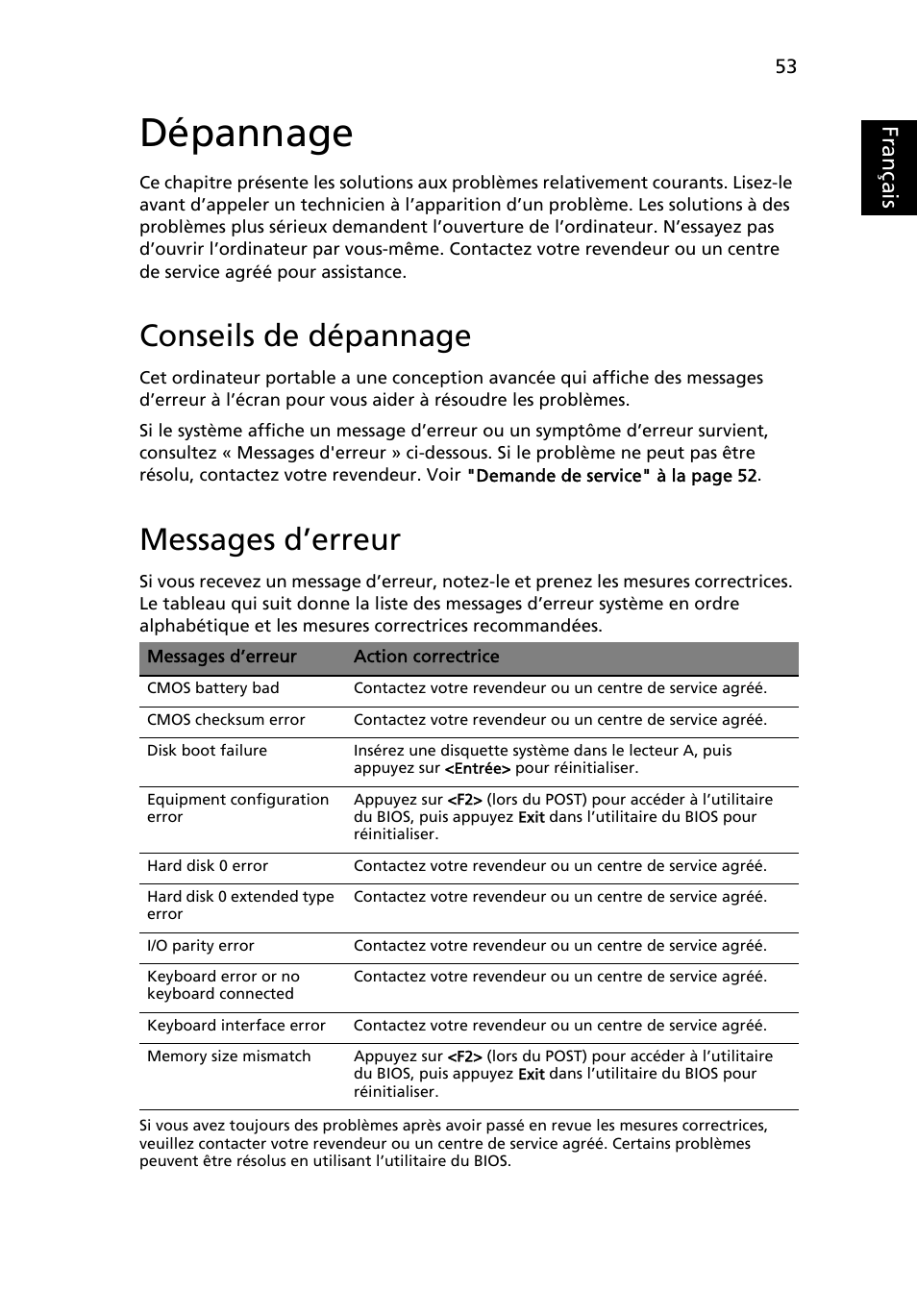 Dépannage, Conseils de dépannage, Messages d’erreur | Français, Eng lish | Acer Aspire 5741ZG User Manual | Page 151 / 2345