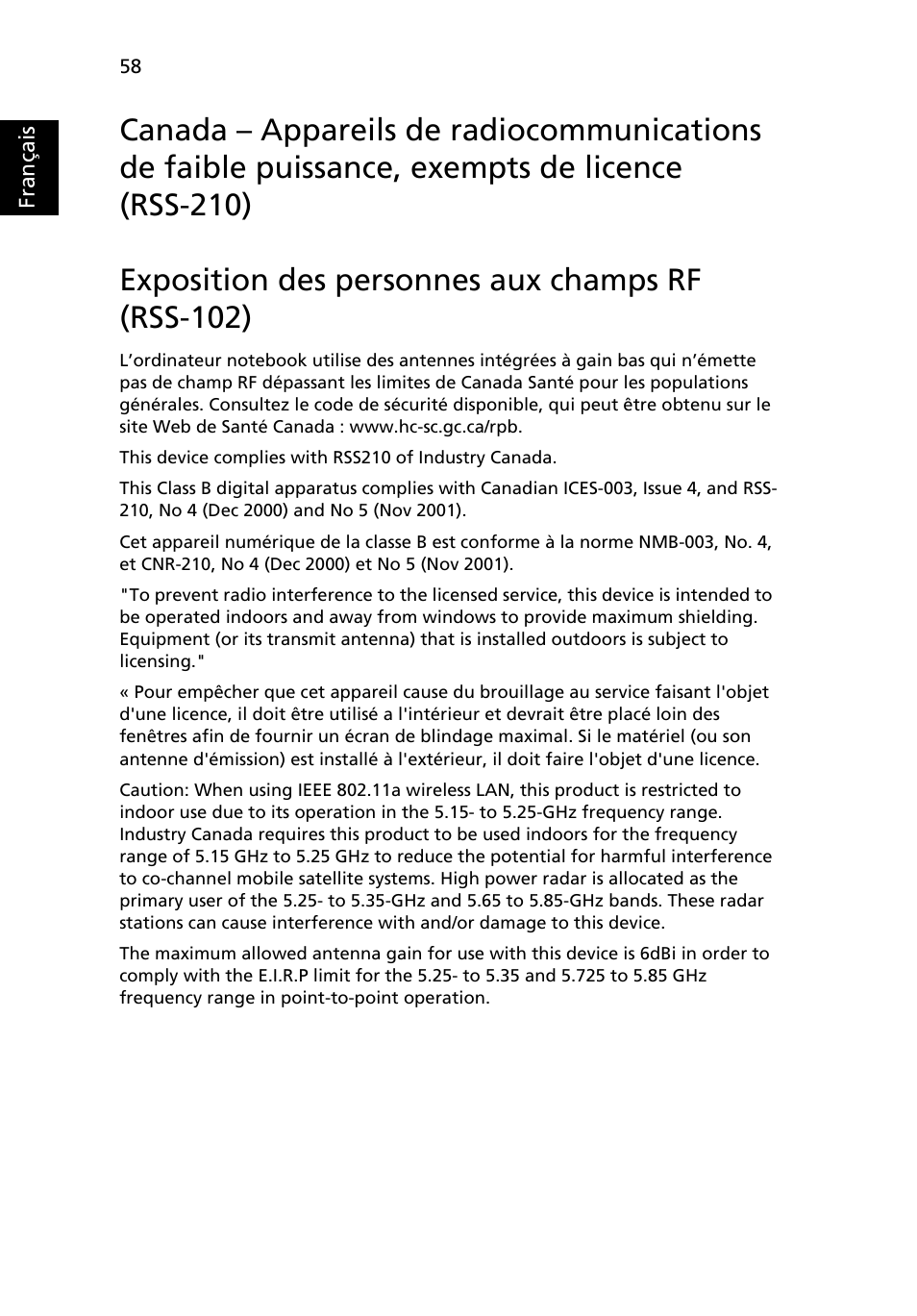 Exposition des personnes aux champs rf (rss-102) | Acer Aspire 5741ZG User Manual | Page 156 / 2345