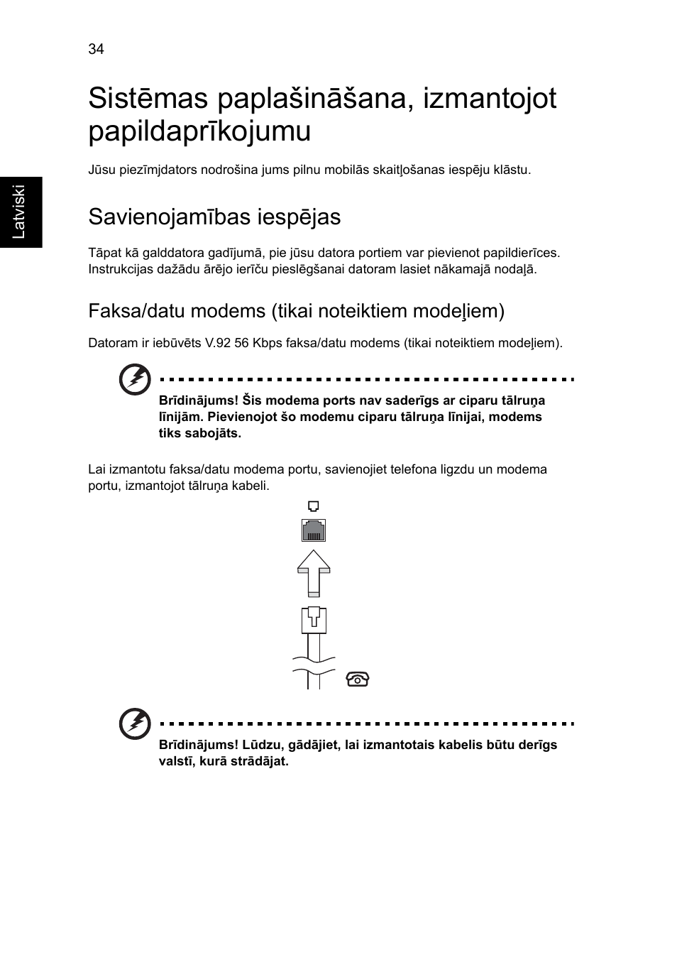 Savienojamības iespējas, Faksa/datu modems (tikai noteiktiem modeļiem) | Acer Aspire 5741ZG User Manual | Page 1654 / 2345