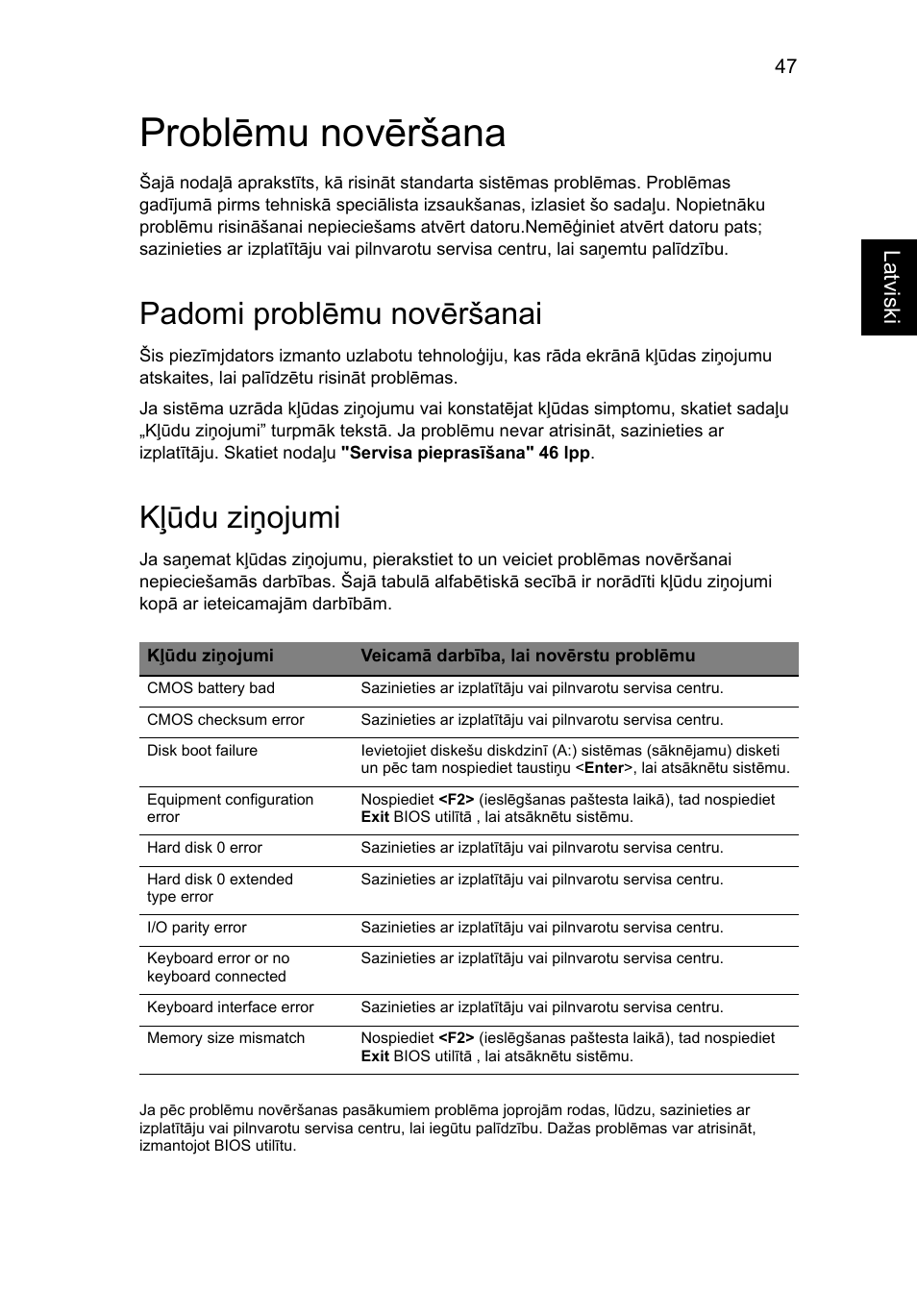 Problēmu novēršana, Padomi problēmu novēršanai, Kļūdu ziņojumi | Acer Aspire 5741ZG User Manual | Page 1667 / 2345