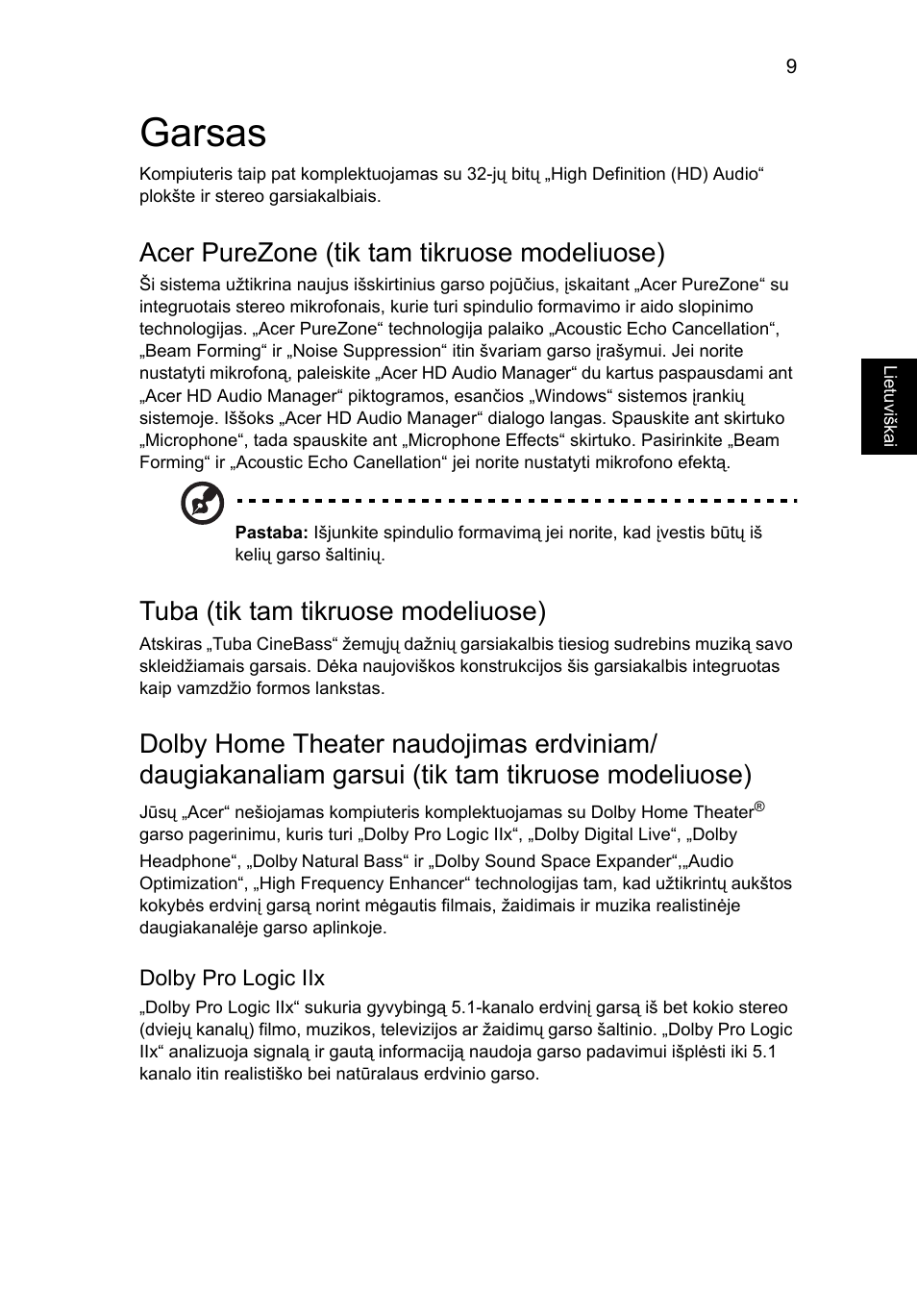 Garsas, Acer purezone (tik tam tikruose modeliuose), Tuba (tik tam tikruose modeliuose) | Acer Aspire 5741ZG User Manual | Page 1703 / 2345