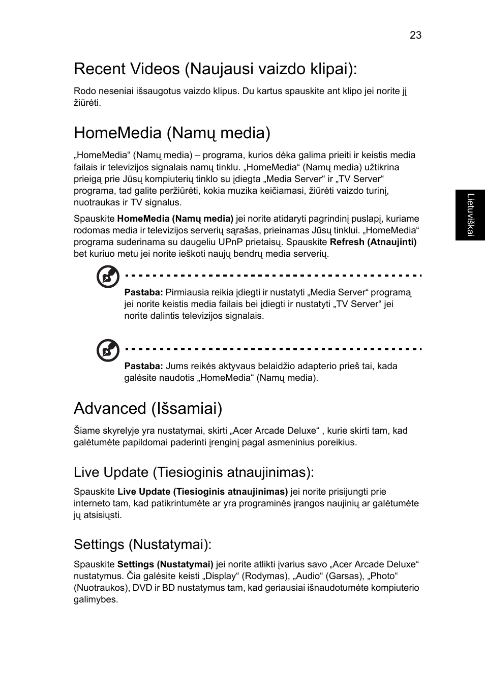 Recent videos (naujausi vaizdo klipai), Homemedia (namų media), Advanced (išsamiai) | Live update (tiesioginis atnaujinimas), Settings (nustatymai) | Acer Aspire 5741ZG User Manual | Page 1717 / 2345