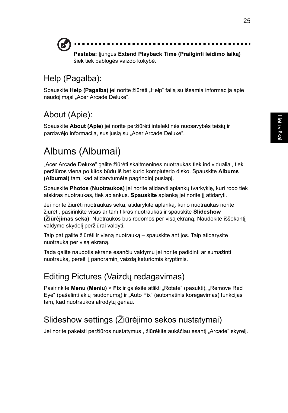 Albums (albumai), Help (pagalba), About (apie) | Editing pictures (vaizdų redagavimas), Slideshow settings (žiūrėjimo sekos nustatymai) | Acer Aspire 5741ZG User Manual | Page 1719 / 2345