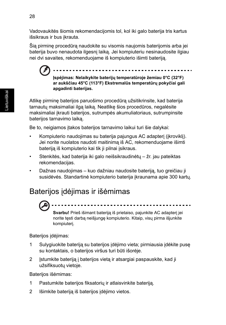 Baterijos įdėjimas ir išėmimas | Acer Aspire 5741ZG User Manual | Page 1722 / 2345