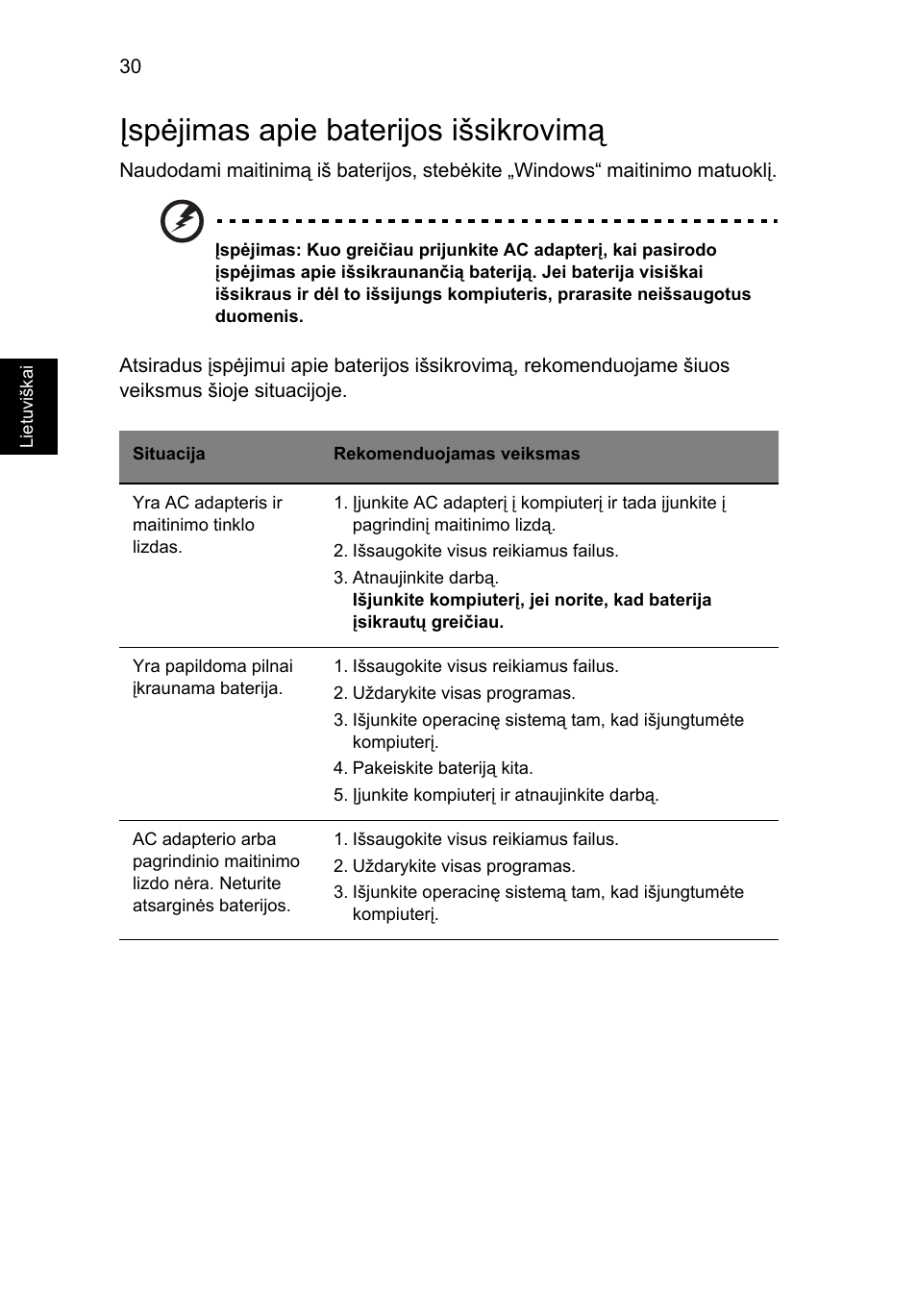 Įspėjimas apie baterijos išsikrovimą | Acer Aspire 5741ZG User Manual | Page 1724 / 2345