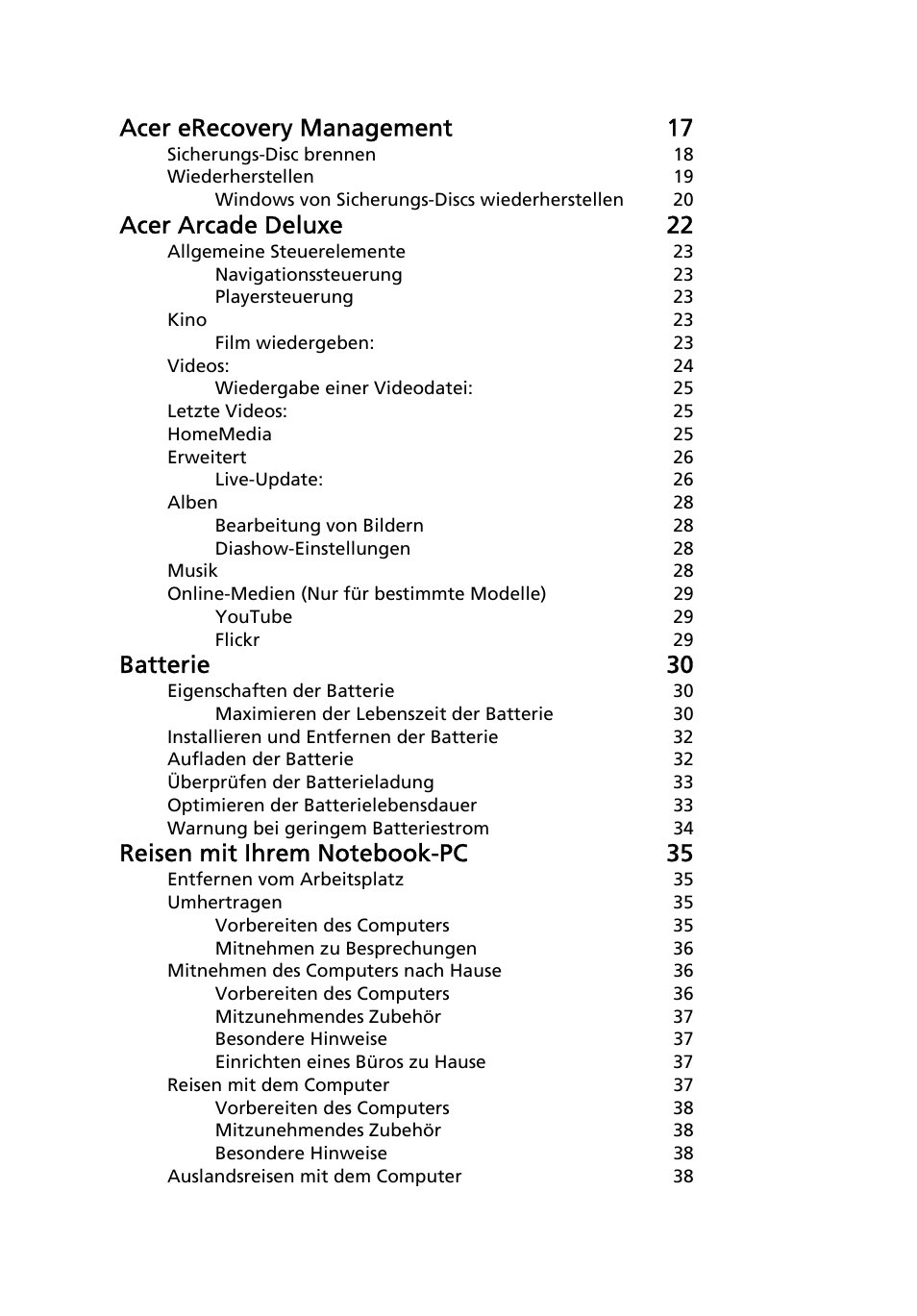 Acer erecovery management 17, Acer arcade deluxe 22, Batterie 30 | Acer Aspire 5741ZG User Manual | Page 176 / 2345