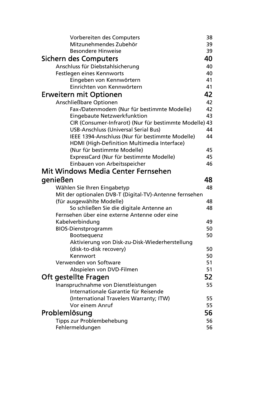 Sichern des computers 40, Erweitern mit optionen 42, Mit windows media center fernsehen genießen 48 | Oft gestellte fragen 52, Problemlösung 56 | Acer Aspire 5741ZG User Manual | Page 177 / 2345