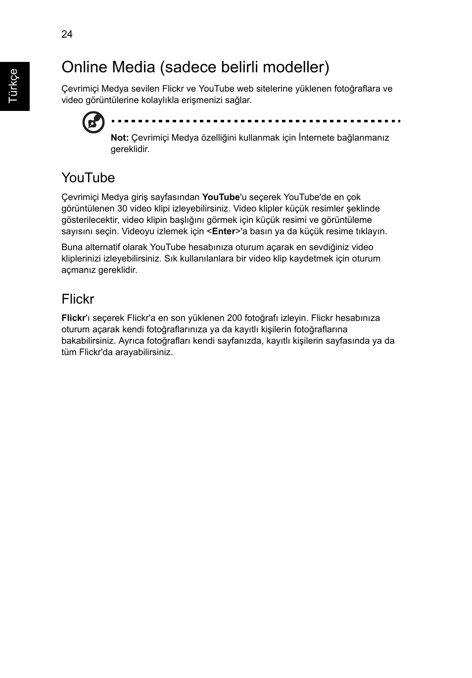 Online media (sadece belirli modeller), Youtube, Flickr | Acer Aspire 5741ZG User Manual | Page 1878 / 2345