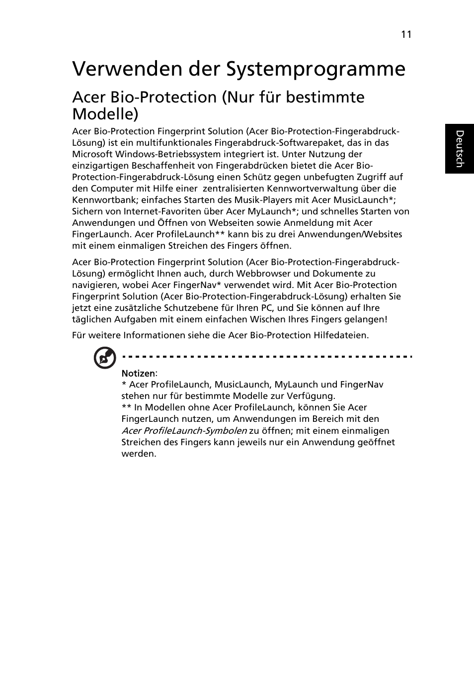 Verwenden der systemprogramme, Acer bio-protection (nur für bestimmte modelle) | Acer Aspire 5741ZG User Manual | Page 189 / 2345