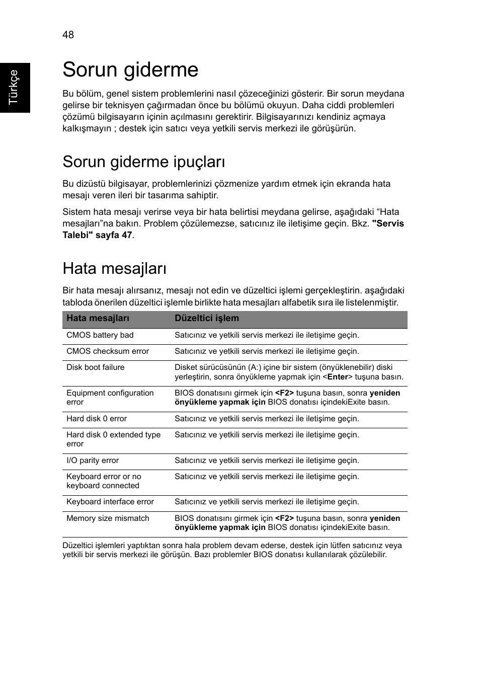 Sorun giderme, Sorun giderme ipuçları, Hata mesajları | Acer Aspire 5741ZG User Manual | Page 1902 / 2345