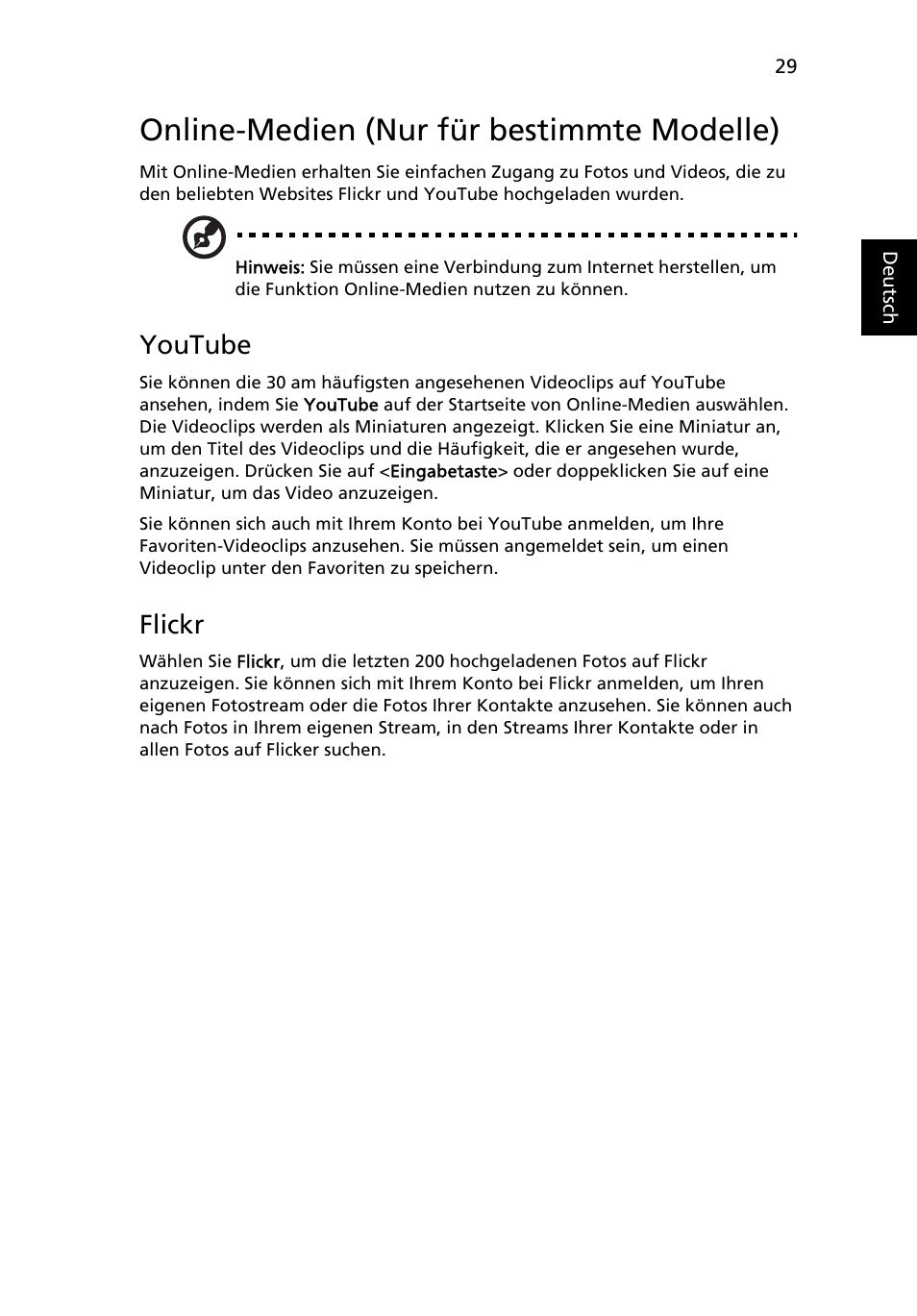 Online-medien (nur für bestimmte modelle), Youtube, Flickr | Acer Aspire 5741ZG User Manual | Page 207 / 2345