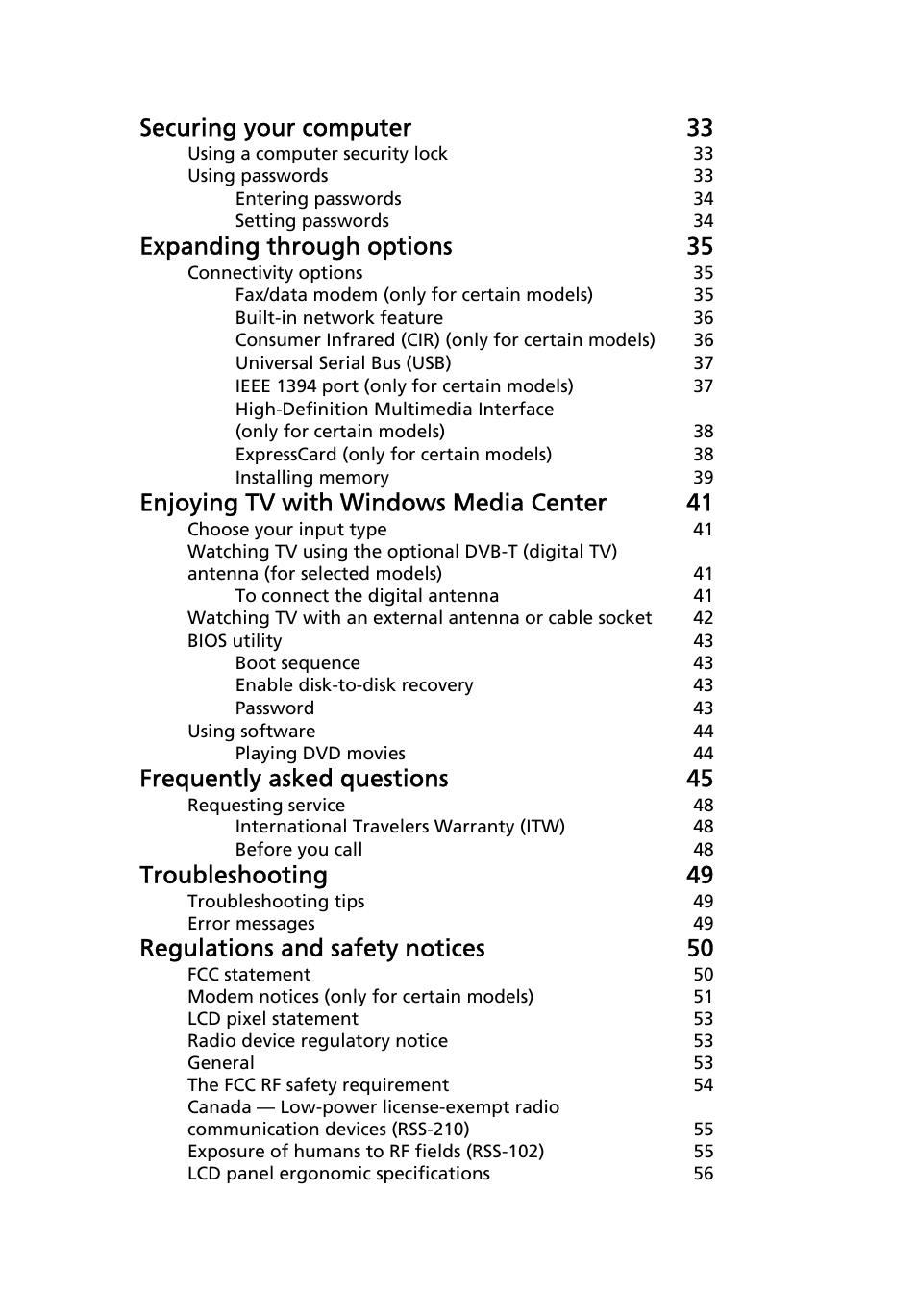 Securing your computer 33, Expanding through options 35, Enjoying tv with windows media center 41 | Frequently asked questions 45, Troubleshooting 49, Regulations and safety notices 50 | Acer Aspire 5741ZG User Manual | Page 21 / 2345