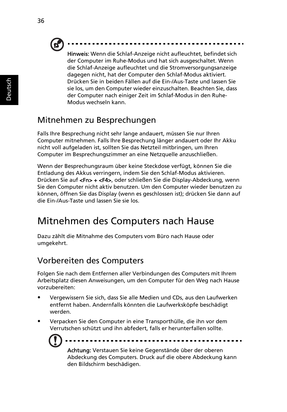 Mitnehmen des computers nach hause, Mitnehmen zu besprechungen, Vorbereiten des computers | Acer Aspire 5741ZG User Manual | Page 214 / 2345