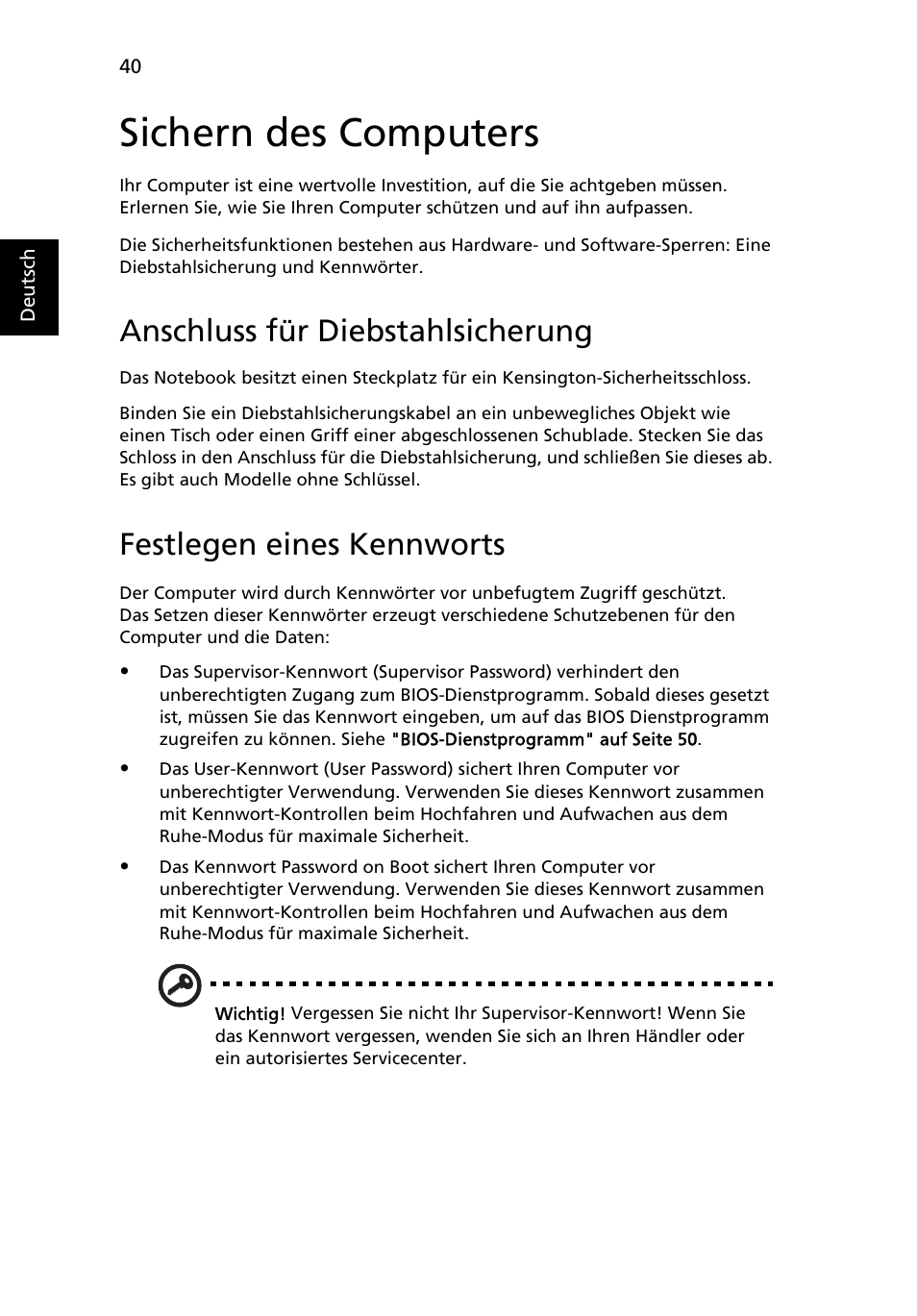 Sichern des computers, Anschluss für diebstahlsicherung, Festlegen eines kennworts | Acer Aspire 5741ZG User Manual | Page 218 / 2345
