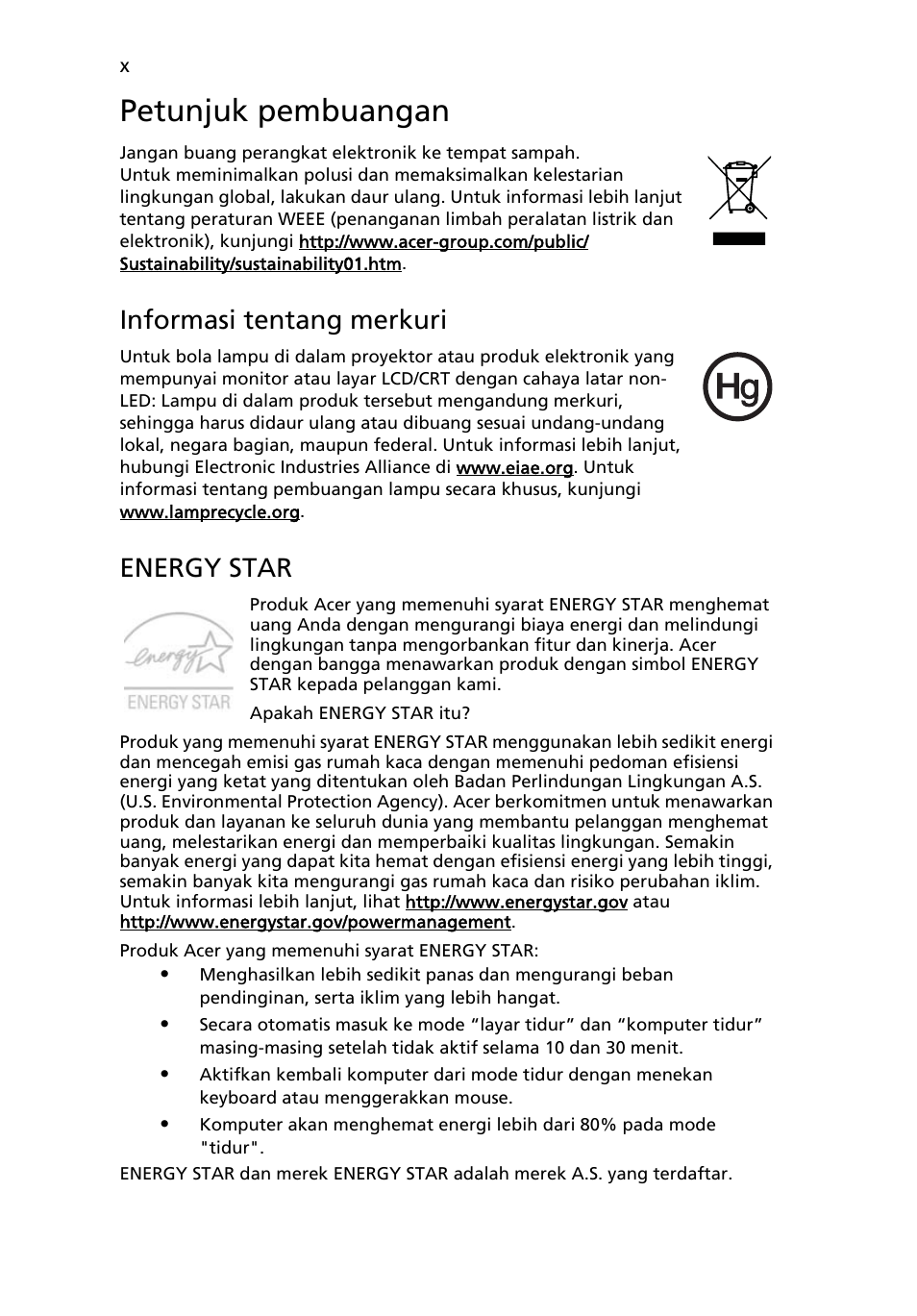 Petunjuk pembuangan, Informasi tentang merkuri, Energy star | Acer Aspire 5741ZG User Manual | Page 2200 / 2345