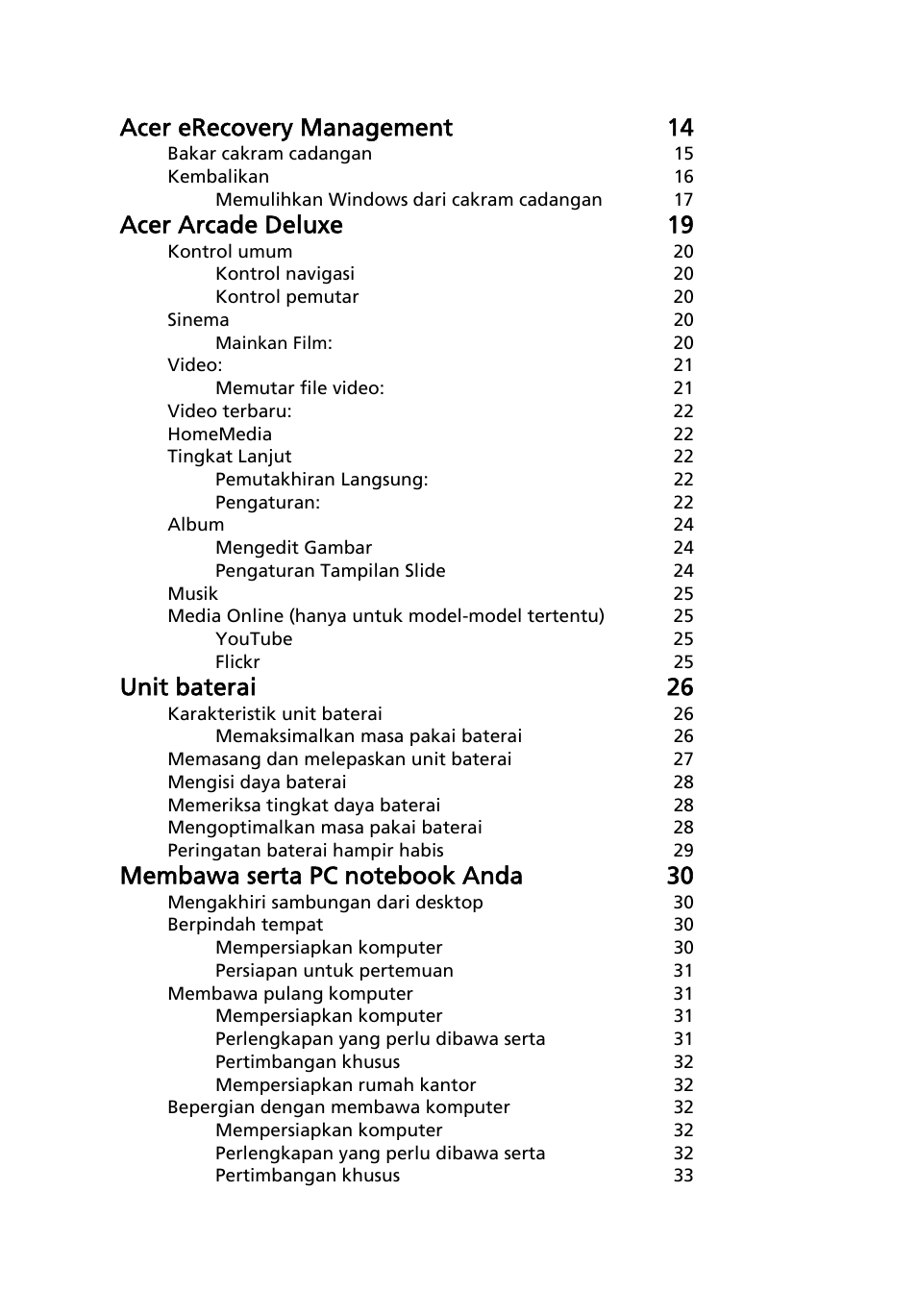 Acer erecovery management 14, Acer arcade deluxe 19, Unit baterai 26 | Acer Aspire 5741ZG User Manual | Page 2208 / 2345