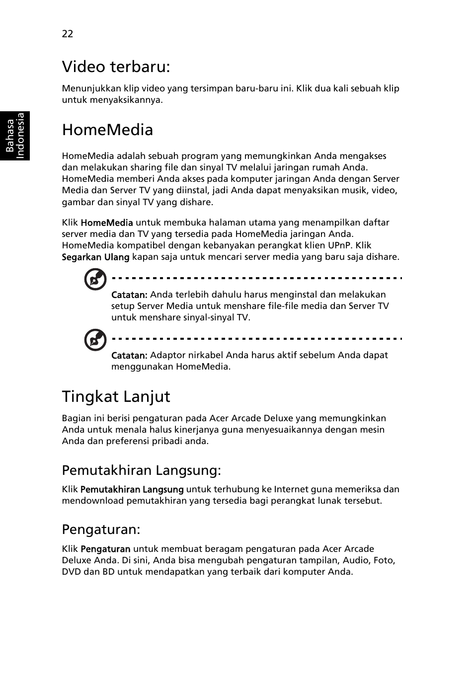 Video terbaru, Homemedia, Tingkat lanjut | Pemutakhiran langsung, Pengaturan | Acer Aspire 5741ZG User Manual | Page 2232 / 2345