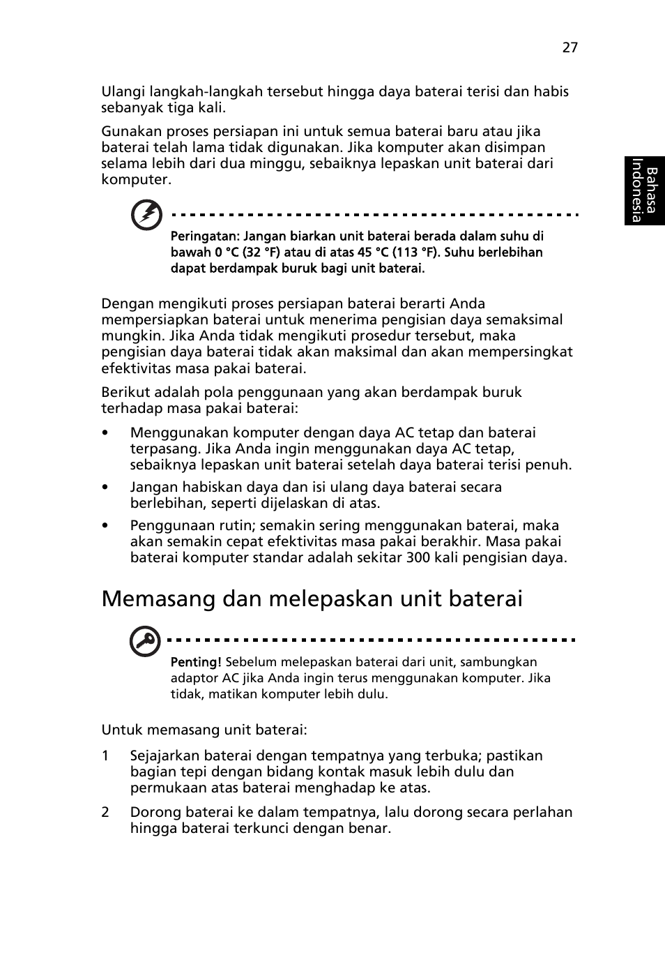 Memasang dan melepaskan unit baterai | Acer Aspire 5741ZG User Manual | Page 2237 / 2345