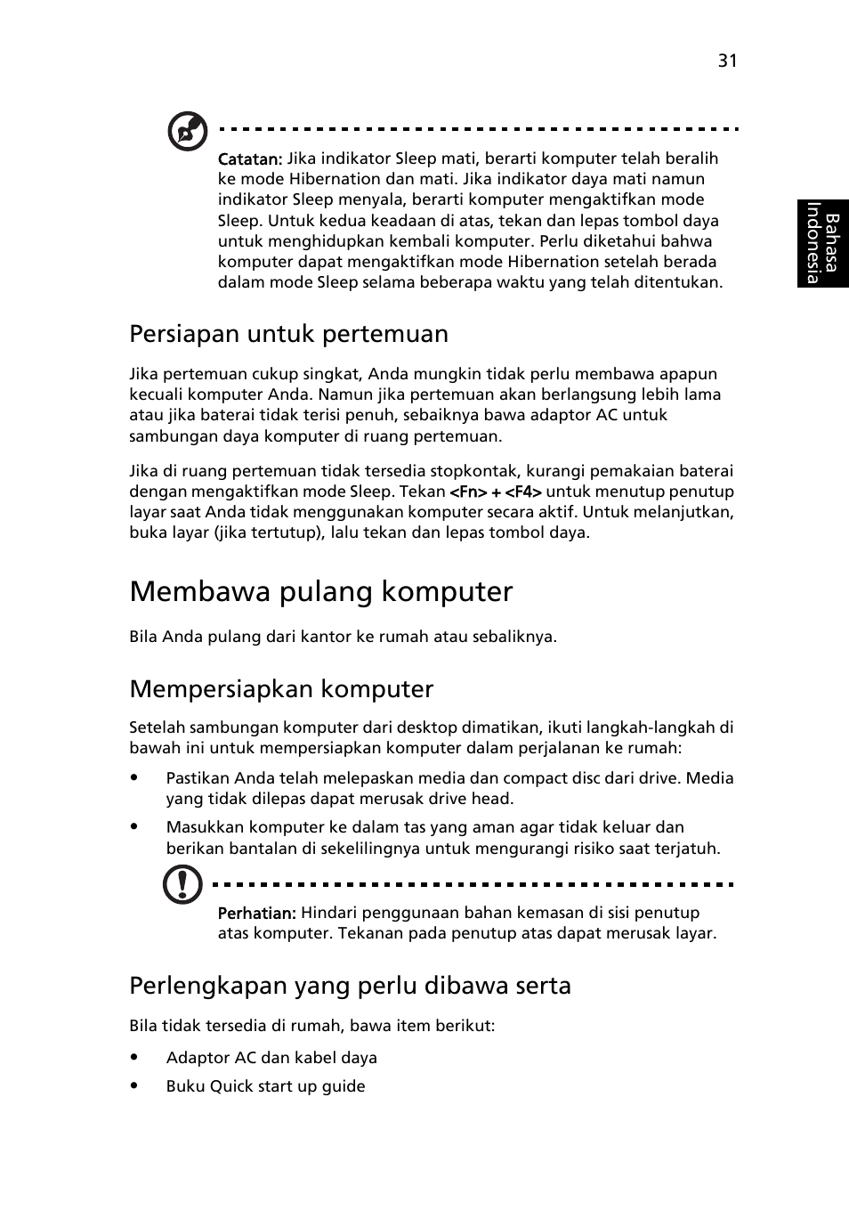 Membawa pulang komputer, Persiapan untuk pertemuan, Mempersiapkan komputer | Perlengkapan yang perlu dibawa serta | Acer Aspire 5741ZG User Manual | Page 2241 / 2345