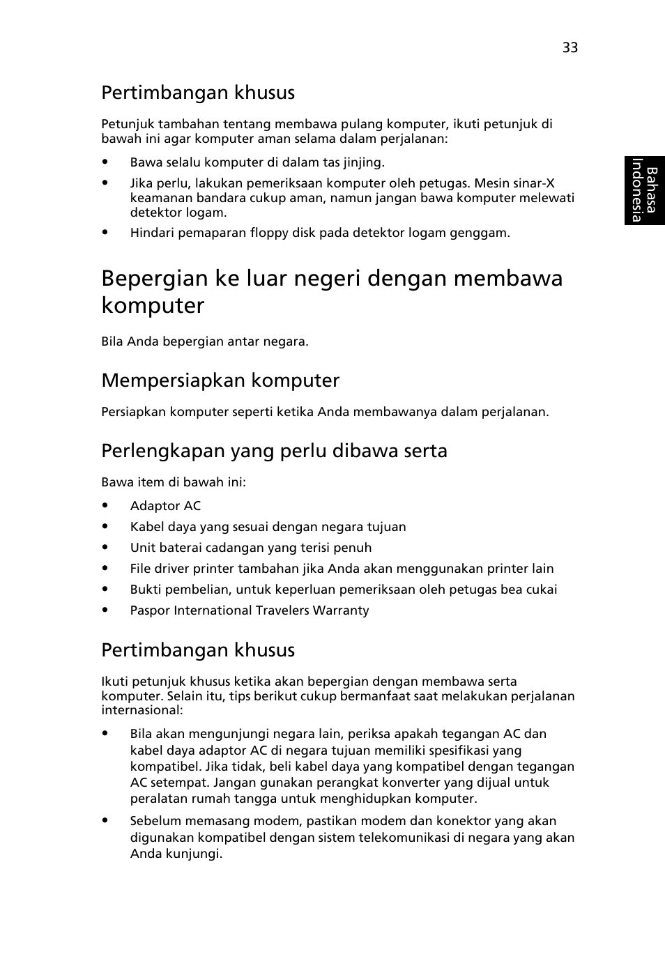 Bepergian ke luar negeri dengan membawa komputer, Pertimbangan khusus, Mempersiapkan komputer | Perlengkapan yang perlu dibawa serta | Acer Aspire 5741ZG User Manual | Page 2243 / 2345