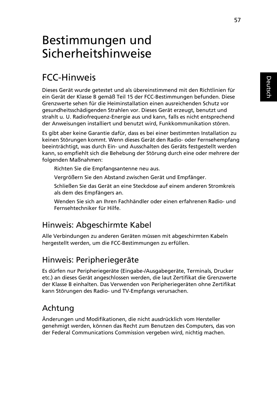 Bestimmungen und sicherheitshinweise, Fcc-hinweis, Hinweis: abgeschirmte kabel | Hinweis: peripheriegeräte, Achtung | Acer Aspire 5741ZG User Manual | Page 235 / 2345