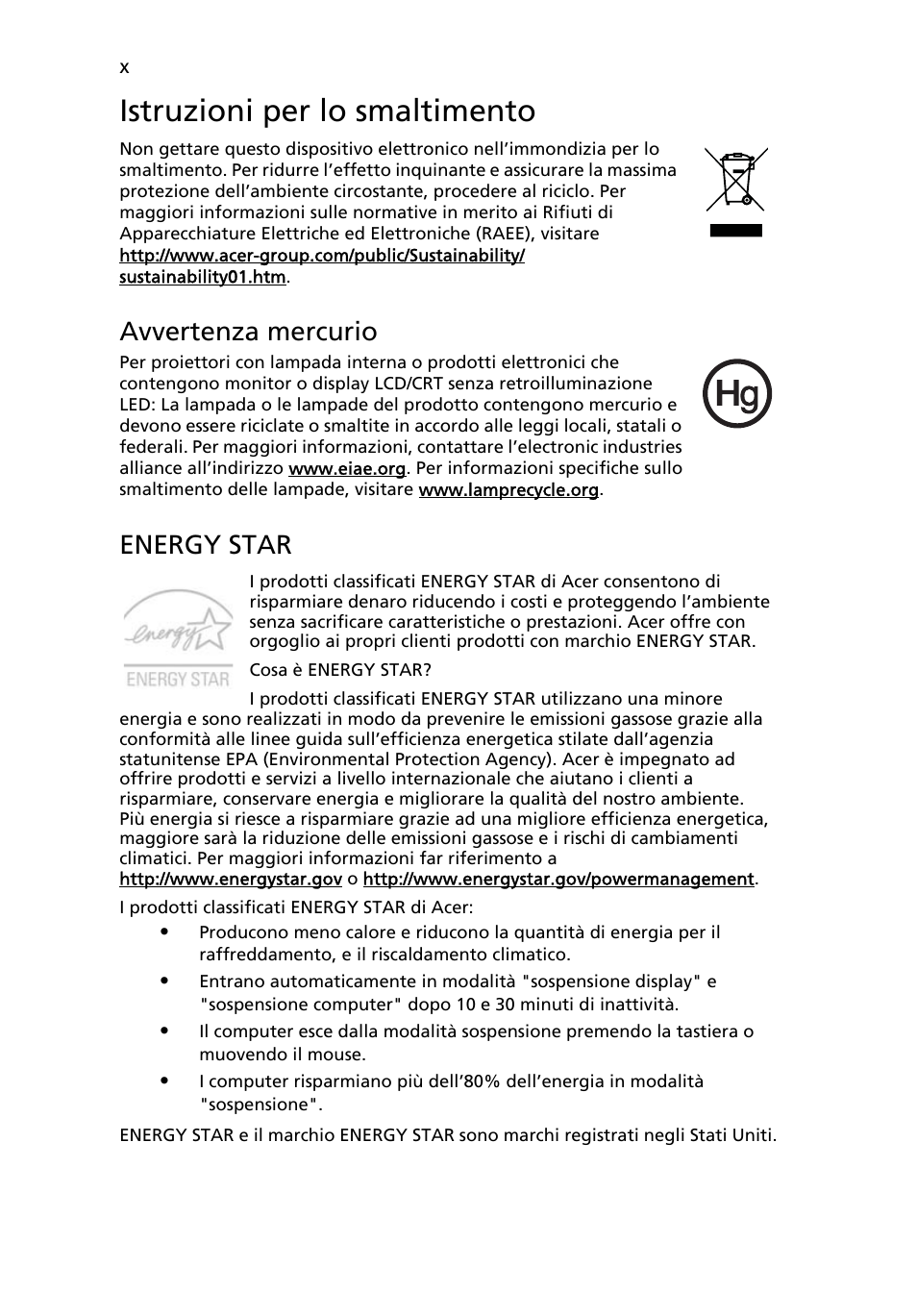 Istruzioni per lo smaltimento, Avvertenza mercurio, Energy star | Acer Aspire 5741ZG User Manual | Page 250 / 2345