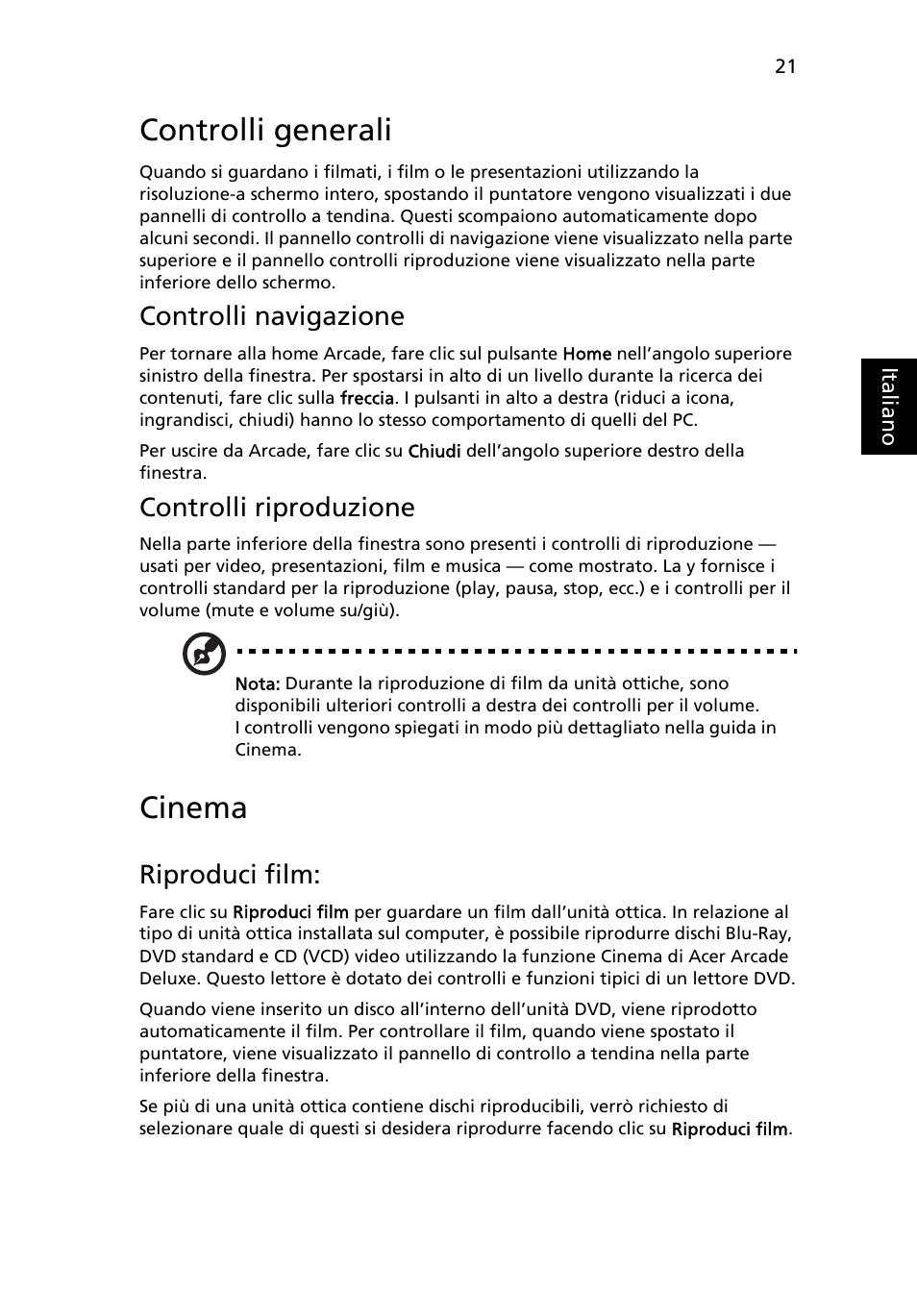 Controlli generali, Cinema, Controlli navigazione | Controlli riproduzione, Riproduci film | Acer Aspire 5741ZG User Manual | Page 281 / 2345