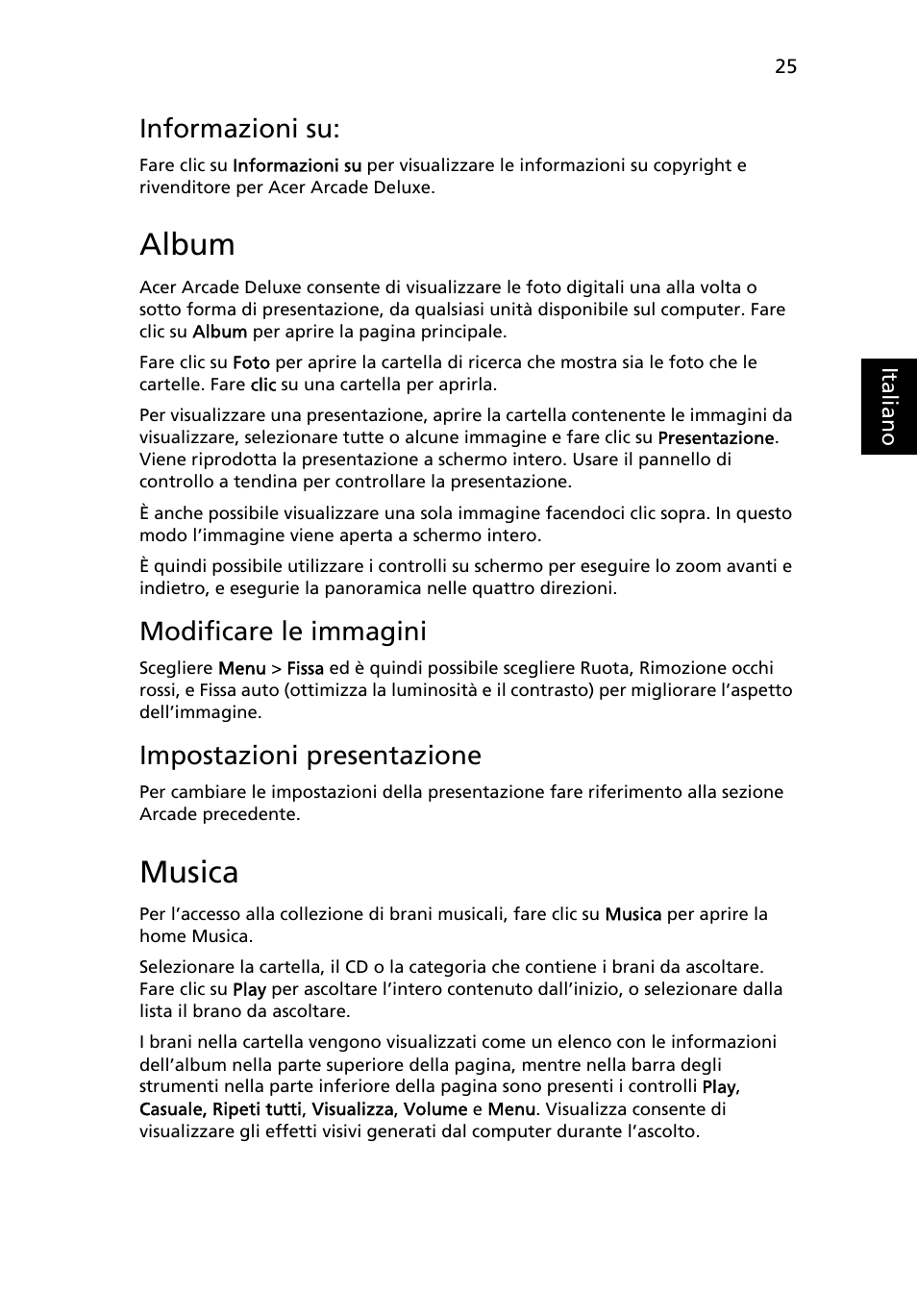 Album, Musica, Modificare le immagini | Impostazioni presentazione, Informazioni su | Acer Aspire 5741ZG User Manual | Page 285 / 2345