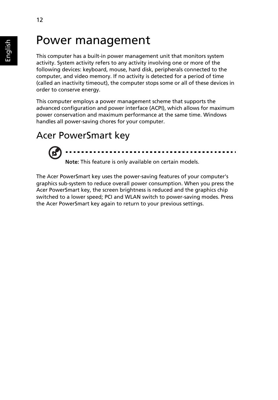 Power management, Acer powersmart key | Acer Aspire 5741ZG User Manual | Page 34 / 2345