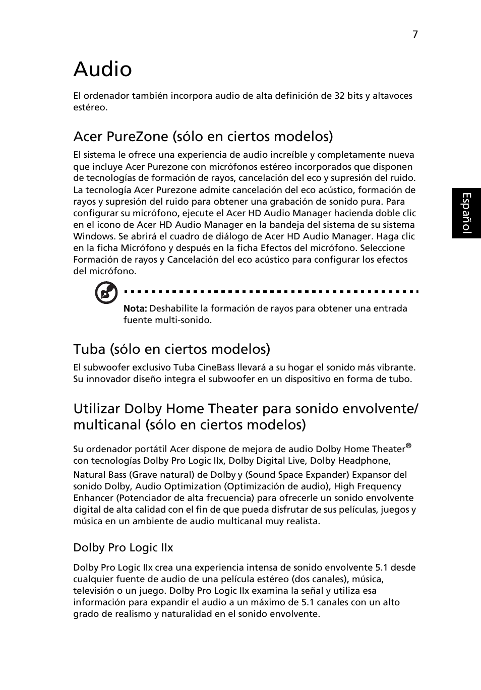 Audio, Acer purezone (sólo en ciertos modelos), Tuba (sólo en ciertos modelos) | Acer Aspire 5741ZG User Manual | Page 343 / 2345