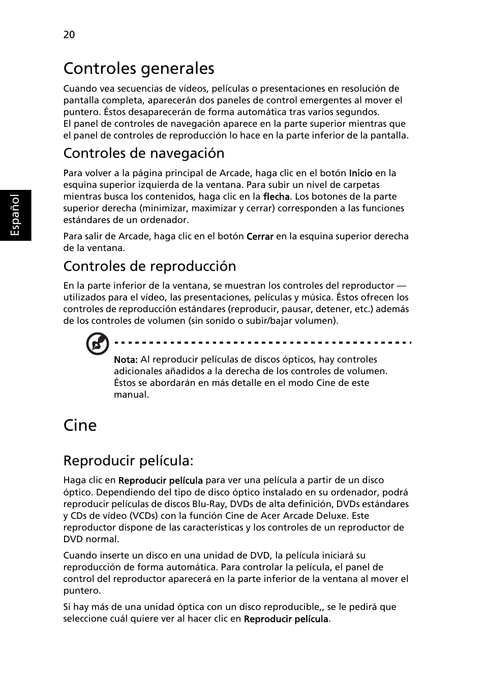 Controles generales, Cine, Controles de navegación | Controles de reproducción, Reproducir película | Acer Aspire 5741ZG User Manual | Page 356 / 2345