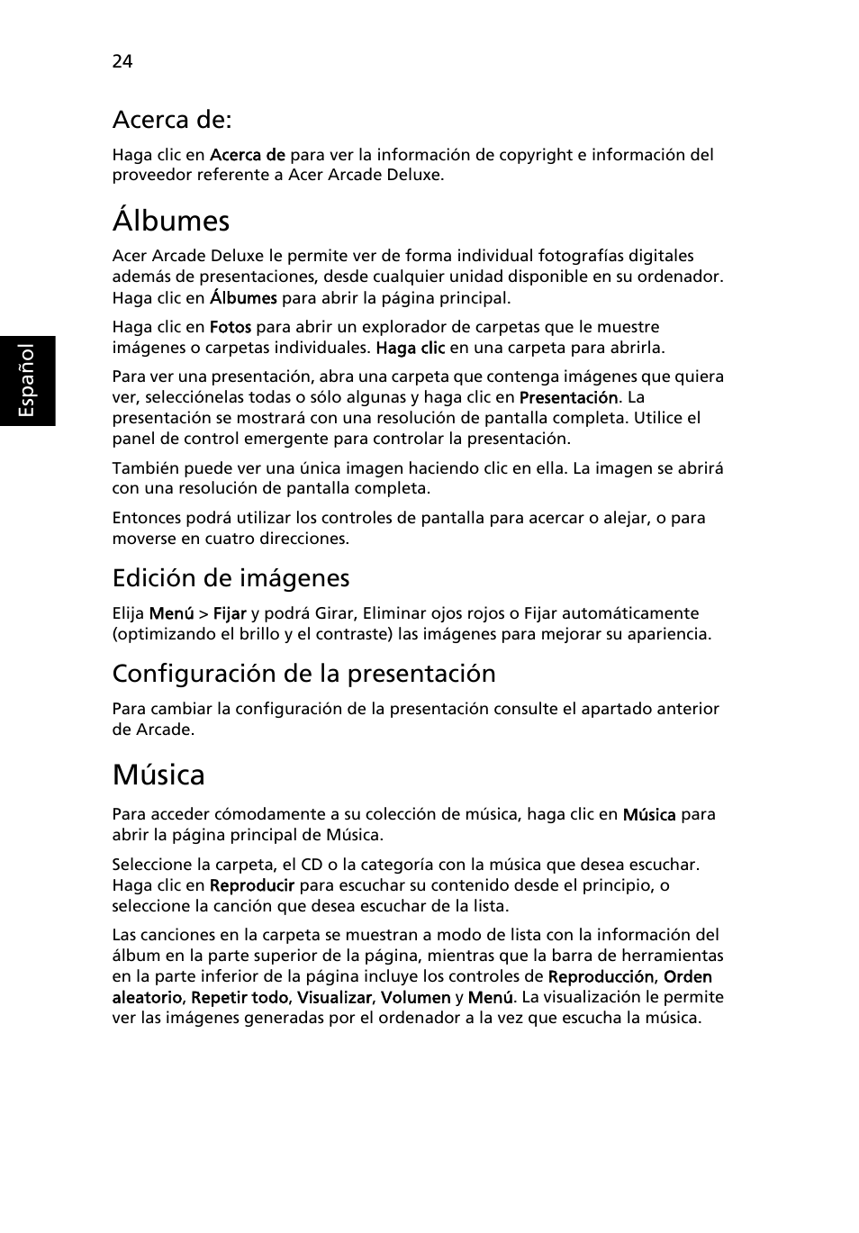 Álbumes, Música, Edición de imágenes | Configuración de la presentación, Acerca de | Acer Aspire 5741ZG User Manual | Page 360 / 2345